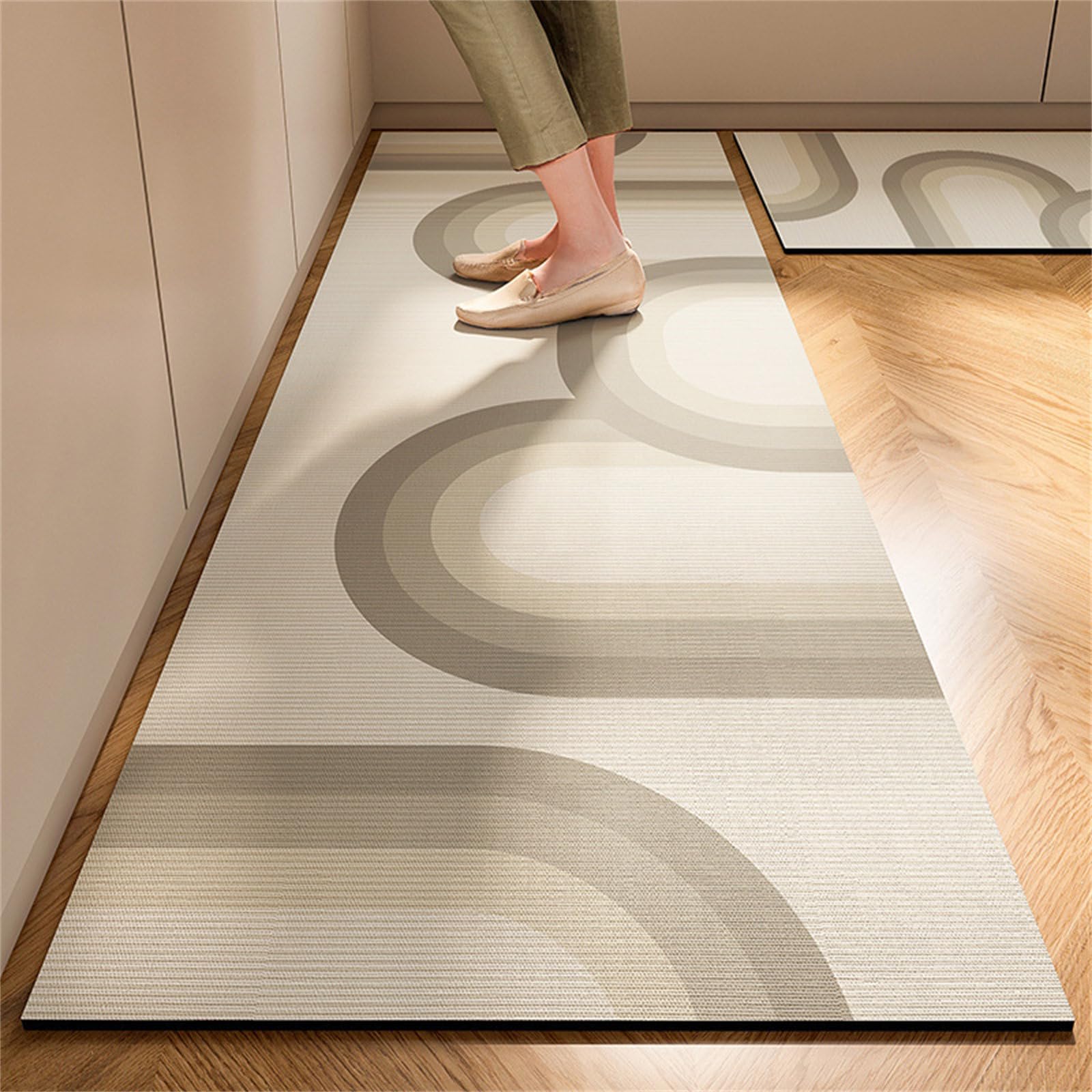Highdi Kitchen Rug, Beige Lines Kitchen Mat Door Mat Kitchen Mats non Slip Washable, Water Absorbent Quick Drying Kitchen Rugs for Entryway, Laundry Room, Hallways (Khaki,40x120cm)