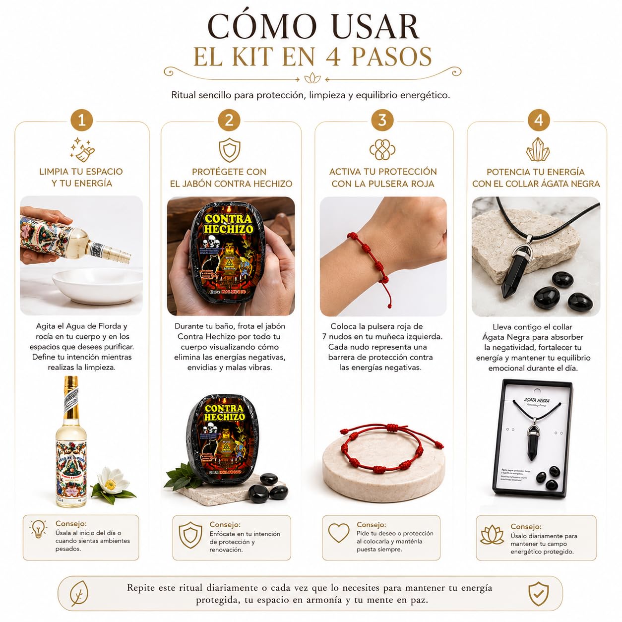 Florida Agua de Perú Original Pack con Jabón contra hechizo Mal de Ojo, Piedra Agata Negra y Pulsera Roja 7 Nudos .Murray Y LanMan. Amarilla.