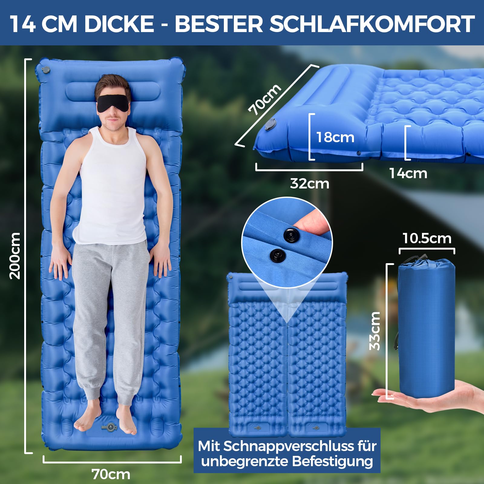NAPASA Isomatte Camping, 14CM Verdicktes Aufblasbare Matratze mit Eingebauter Fußpresse Pumpe & Kissen, Wasserdicht, Anti-Ripstop Schlafmatte für Wandern, Strand, Reisen, Zelt(Blau)