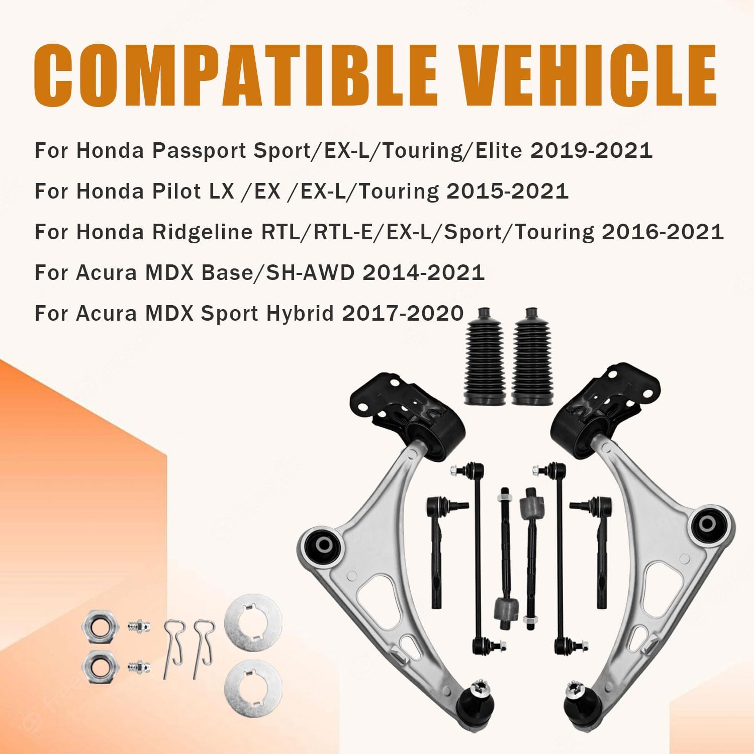 MS601229 10PCS Front Lower Control Arms Kit w/Sway Bar & Tie Rods Compatible With Acura MDX 2014-2021 Honda Pilot 2015-2021 Replace MS601230