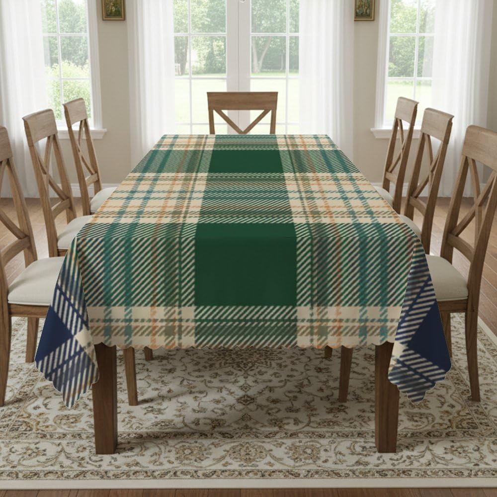 Navy Blue Green Check Print Table Covers 55 × 70 Inch, Oil Proof Spill Proof Fairy Beach Tablecloth, Farm Party Decorations Retro Tablecloth for Holiday Galentines Party Restaurant Table Cover