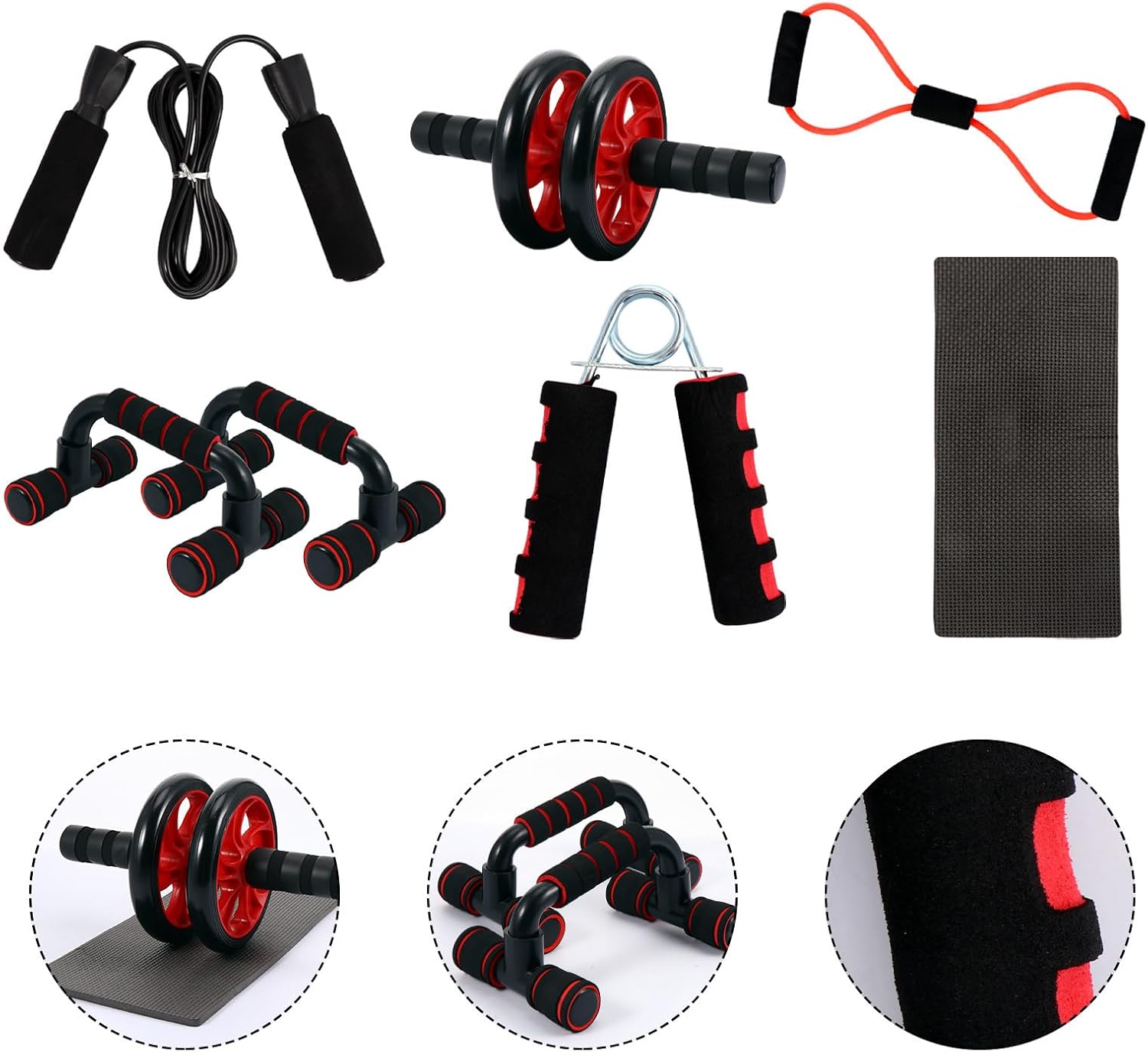 Balacoo Abdominal Wheel Roller with Dual Red Wheels 7pcs Set Unisex Core Strength Trainer Home Ab Exercise Equipment for Men and Women
