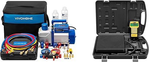 VIVOHOME Bomba de vacío HVAC de 34 HP 7.2CFM y kit de medidor de CA de 4 vías y báscula de carga digital de refrigerante de 220 libras con estuche