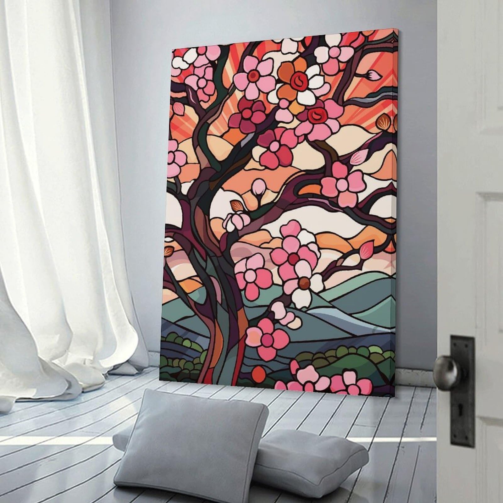 Junmoney Stained Glass Cherry Blossoms at Sunset Home Decor Wall Art 24x36inch(60x90cm), for Lounge, Bedroom Or Personal Spaces, Gift Idea for Housewarming And Birthdays