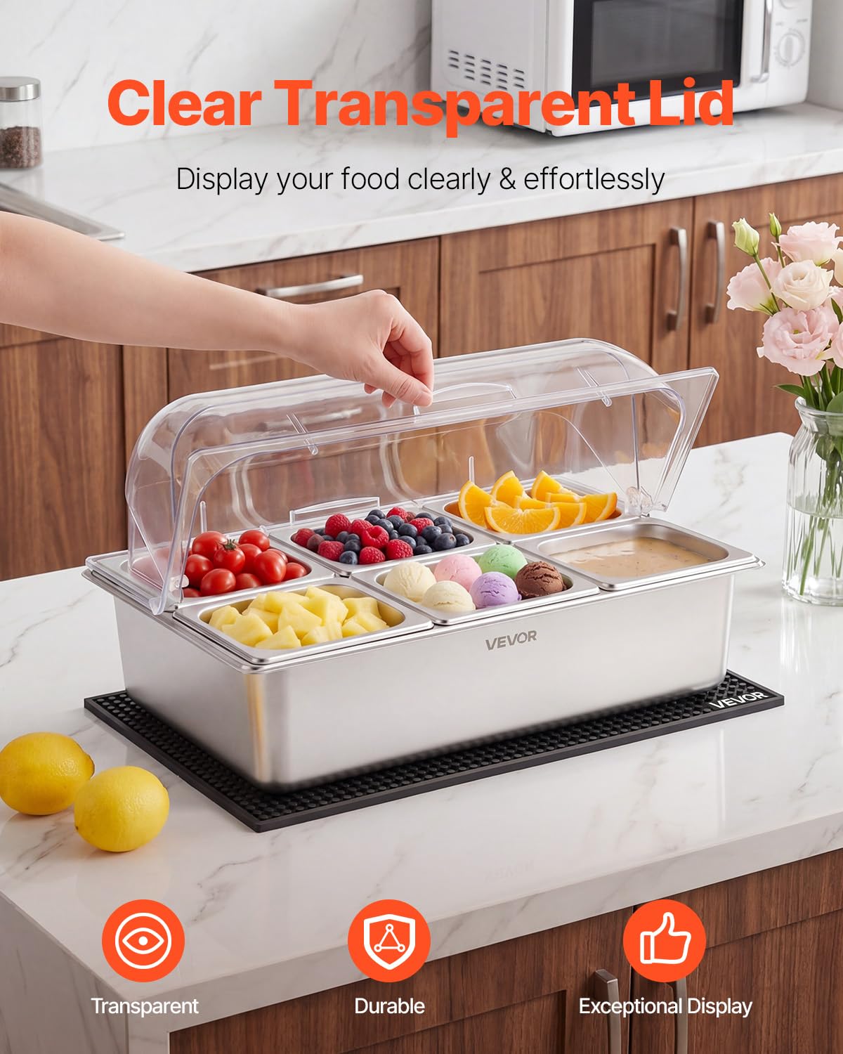 VEVOR Vetrina Refrigerata da Banco per Ingredienti, Contenitore Refrigerato 2 pezzi 6 Vaschette in Acciaio Inox per Ingredienti Alimenti Cibi da Catering Bar Hotel Buffet Freddi, Coperchio Trasparente