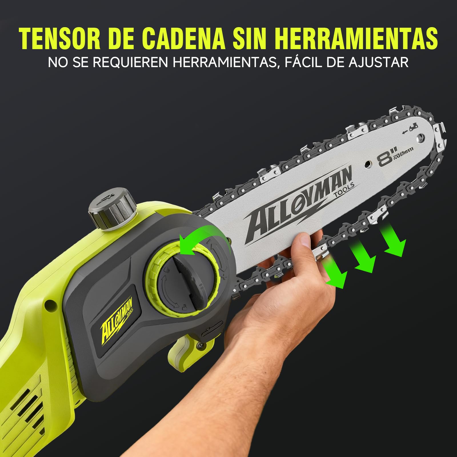 Alloyman Motosierra telescópica de poda a batería 20V MAX, Podadora telescópica a batería, 2 baterías 20V 4,0 Ah y cargador, espada de 20 cm, velocidad de cadena 5,5 m/s, 4KG, lubricación automática