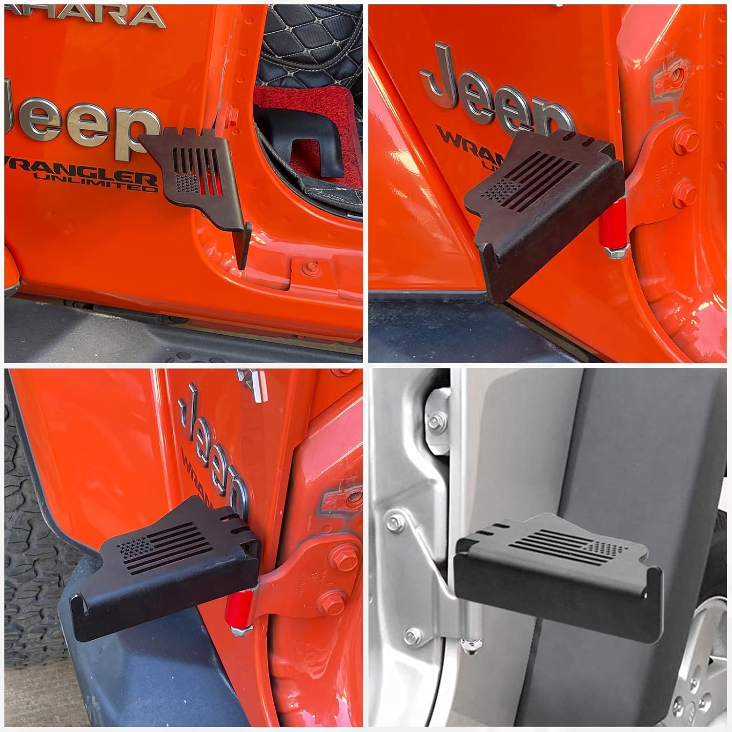 NEW UPGRADE-Foot Pegs US Flag Front Doorless Rest Pedal Kick Panel Black Steel Fits For Jeep Wrangler Accessories JK JKU JL JLU TJ 2007-2023 (2 PCS)