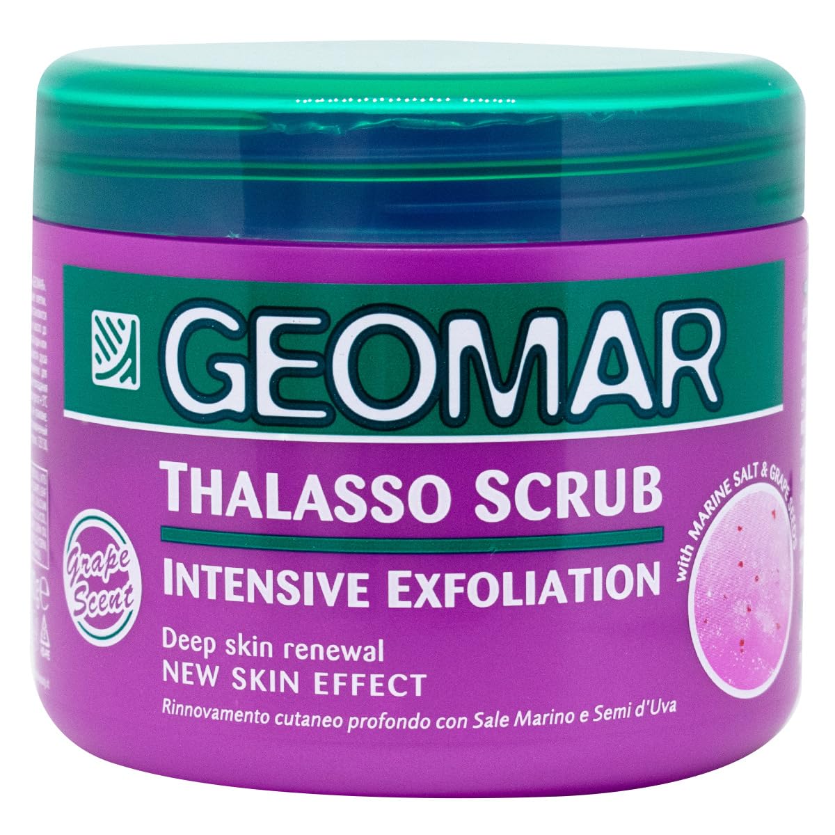 Geomar Thalasso Scrub Intensive Exfoliation - Confezione 600 gr. con semi d'uva per la cura del corpo, contiene solo ingredienti naturali, per peeling corpo morbido, brillante e liscio.