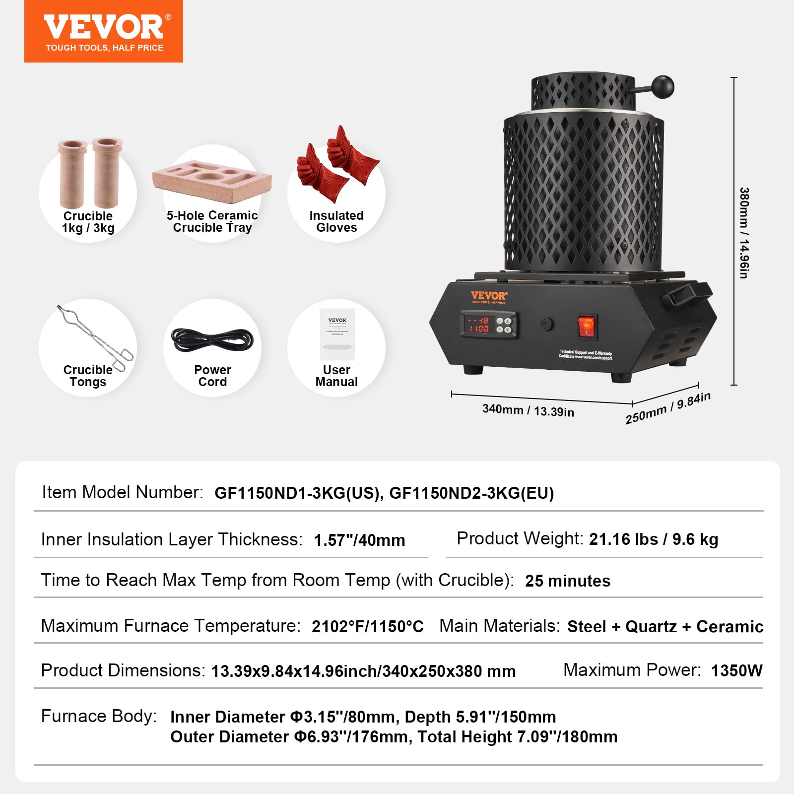 VEVOR Forno di Fusione per Oro 1350 W, Temperatura Max. 1150 ℃, Forno Fusorio Elettrico con Crogiolo in Ceramica da 1kg e 3 kg, Lavorazione Raffinazione di Metalli