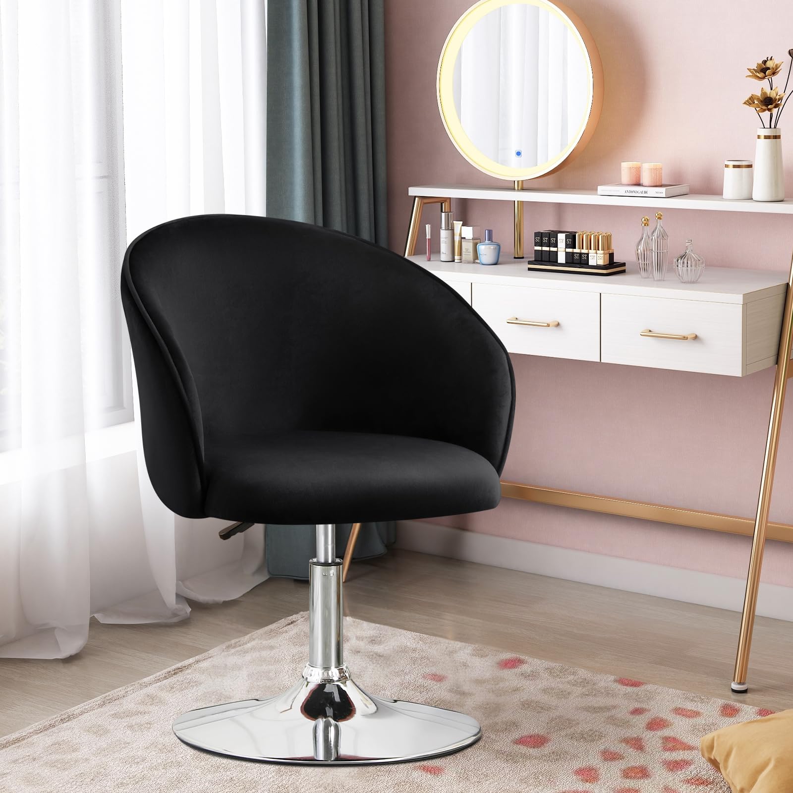 Chaise Coiffeuse Pivotante Réglable - Fauteuil Bar Velours Rose - Hauteur 41-53cm - Support 114kg