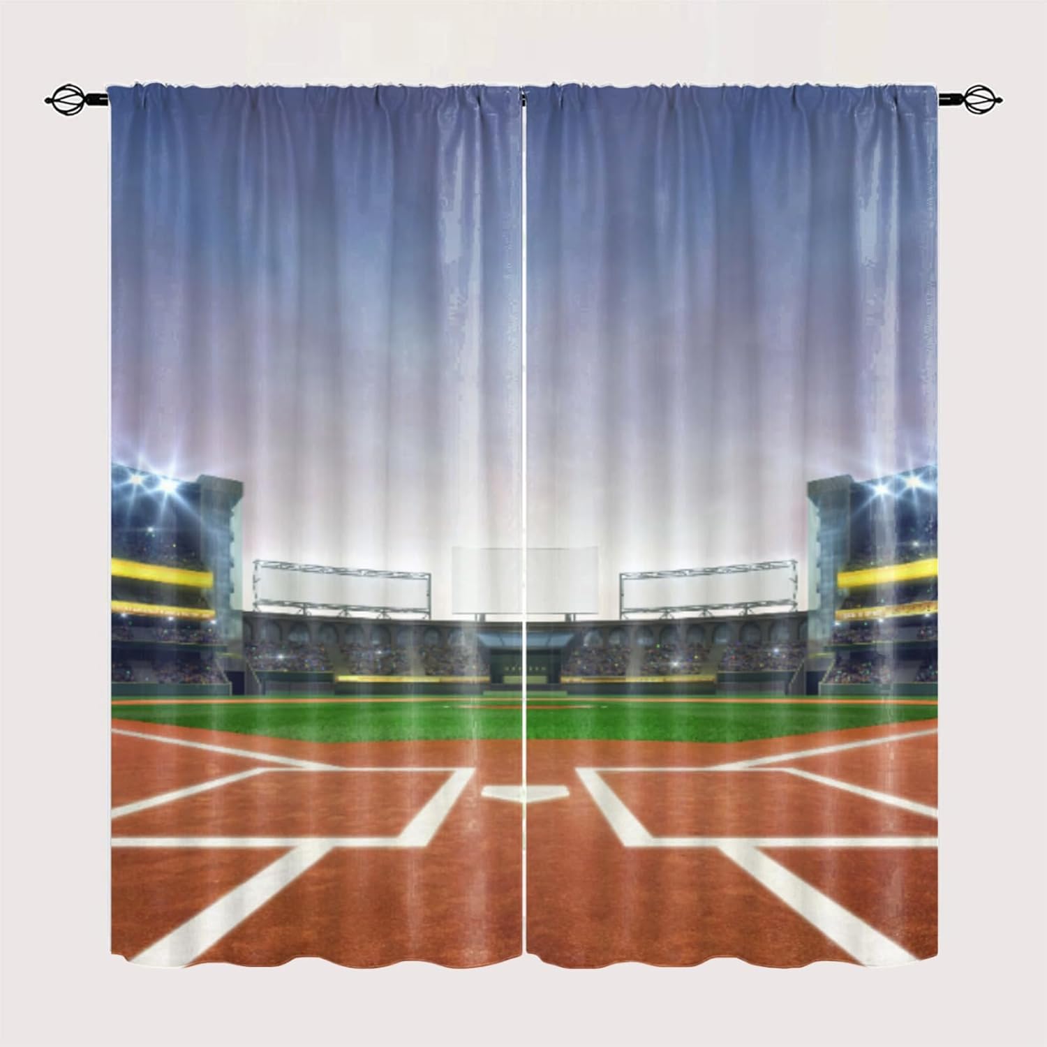 American Baseball Field Curtains, Sports Stadium Arena Blackout Rod Pocket Curtain for Boy Home Decor Thermal Insulated Drapes Set Darkening Window Curtain for Bedroom Livingroom, 42x63 Inch