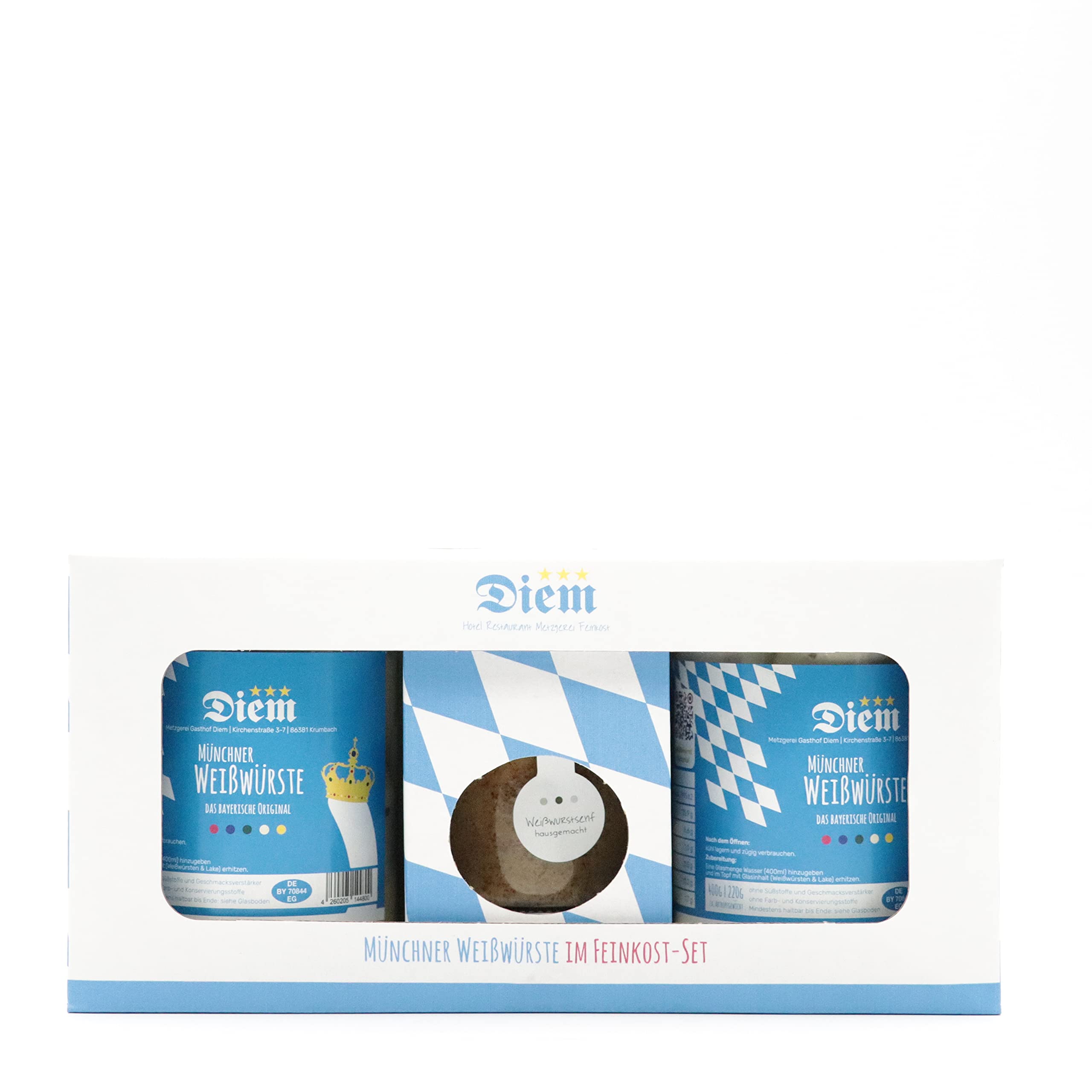 Geschenkset Weisswurst / (2x Weißwurst im Glas - 4 Stück + 1 Glas Süßer Senf a 120g) - Original Münchner Weisswurst – nach Uropa Johann Diems Rezept - langes MHD - 220G Abtropfgewicht, 400g Glas