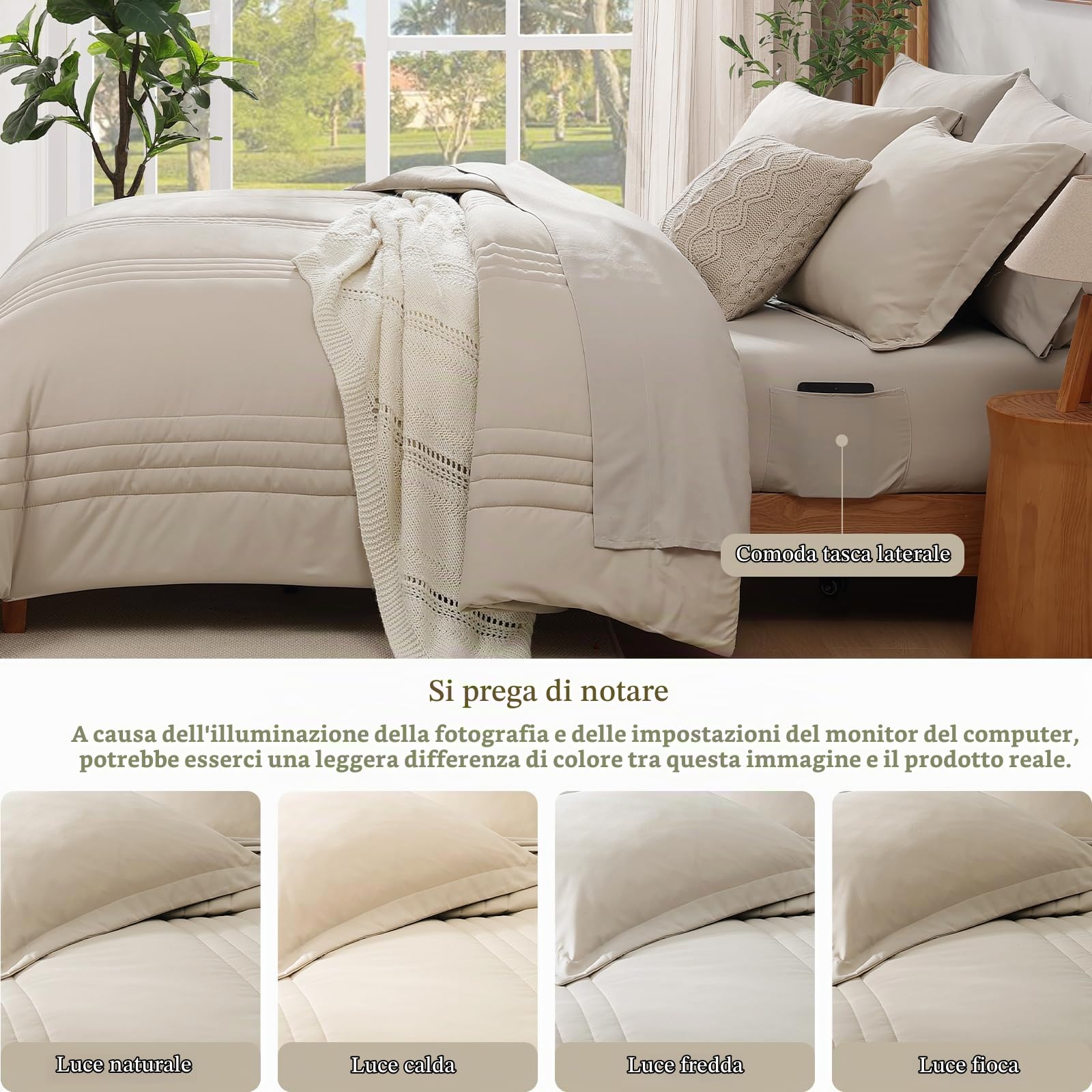 Monbix Set completo di biancheria da letto da 7 pezzi, set di biancheria da letto a grandezza naturale, caldo piumone, letto in una borsa, completo con lenzuola, federe e federe (beige albicocca, | Monbix Trapunta verticale per tutte le stagioni con lenzu