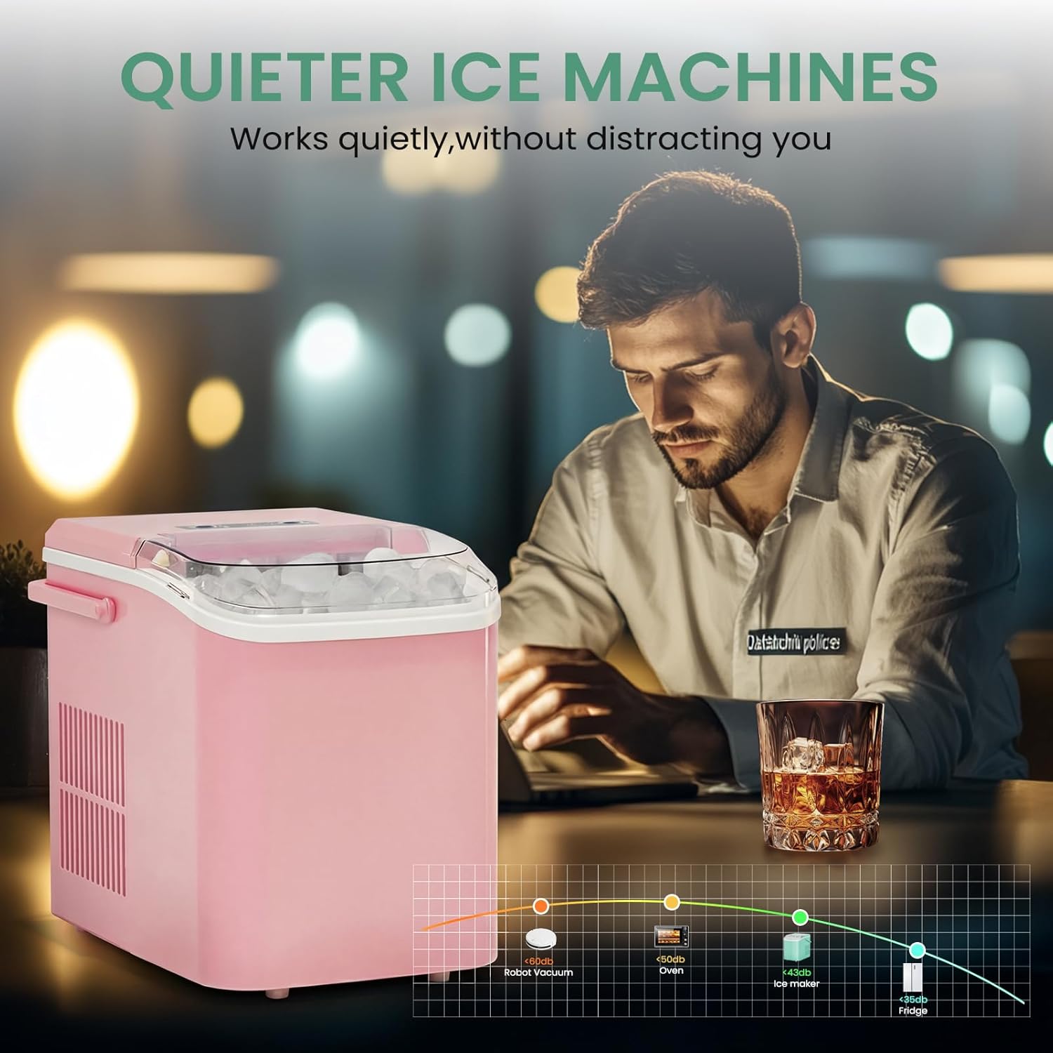 NEWBULIG Ice Makers Countertop with Handle, Portable Ice Machine, 9 Bullet Ice Cubes in 6 Mins, 26lbs in 24Hrs, Auto-Cleaning, with Basket and Scoop, for Home, Kitchen, RV, Camping,Light Pink