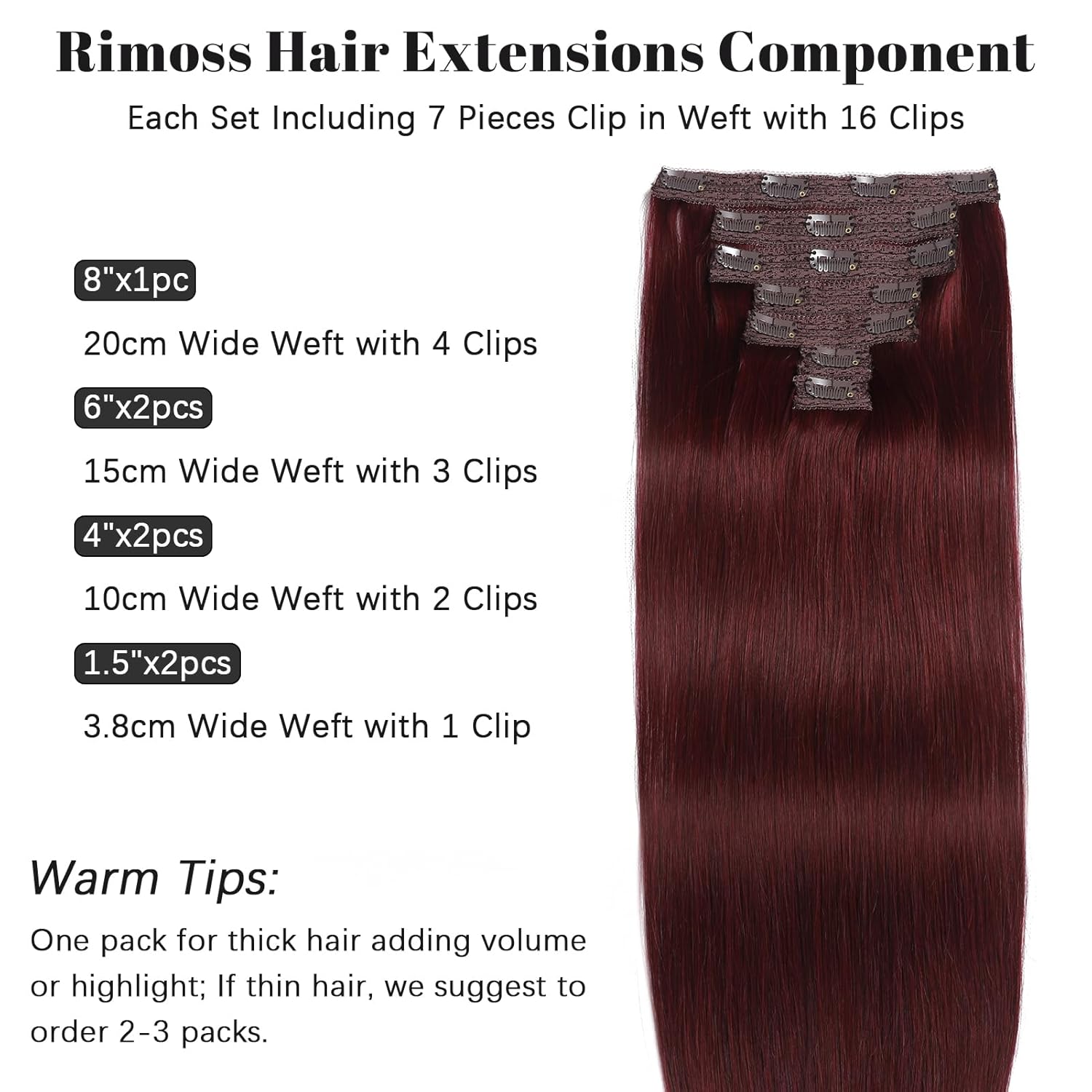 Clip in Hair Extensions Real Human Hair - 18 Inch 120g 7pcs, Burgundy Red Color - Soft Remy Human Hair Clip in Extensions Straight Double Weft for Women (#99J 18 Inch)