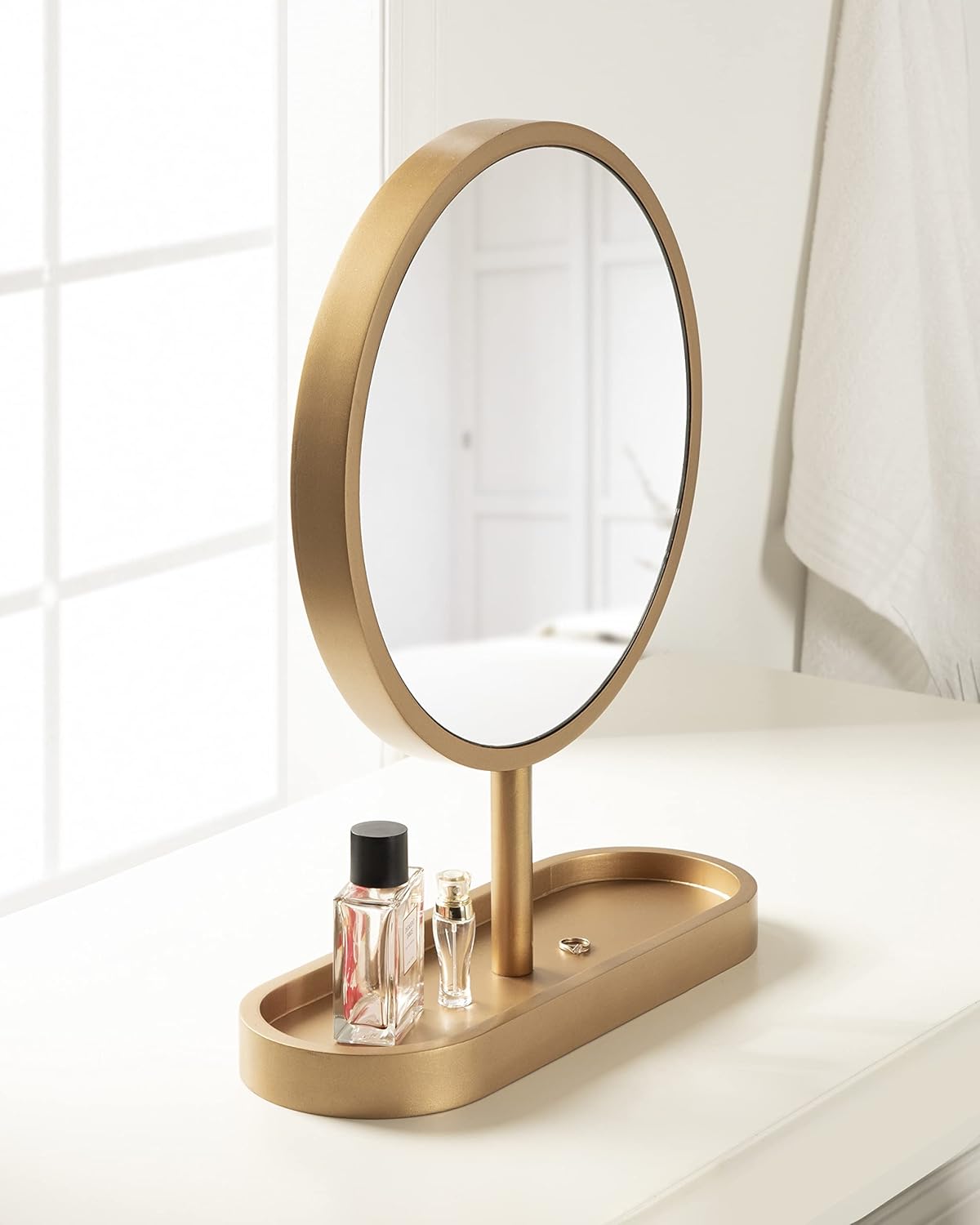 Kate and Laurel Travis Modern Tabletop Mirror; 17 x 21; Gold; Freestanding Round Mirror with Small Decorative Tray for Catch All Storage and Table Decor