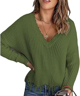 Jersey de Tejido de Cuello en V de Manga Larga para Mujeres, Camisa de Mujer Casual de Color de Color Otoño de Moda con Suéter con Cuello en V con Oficina de Borla para