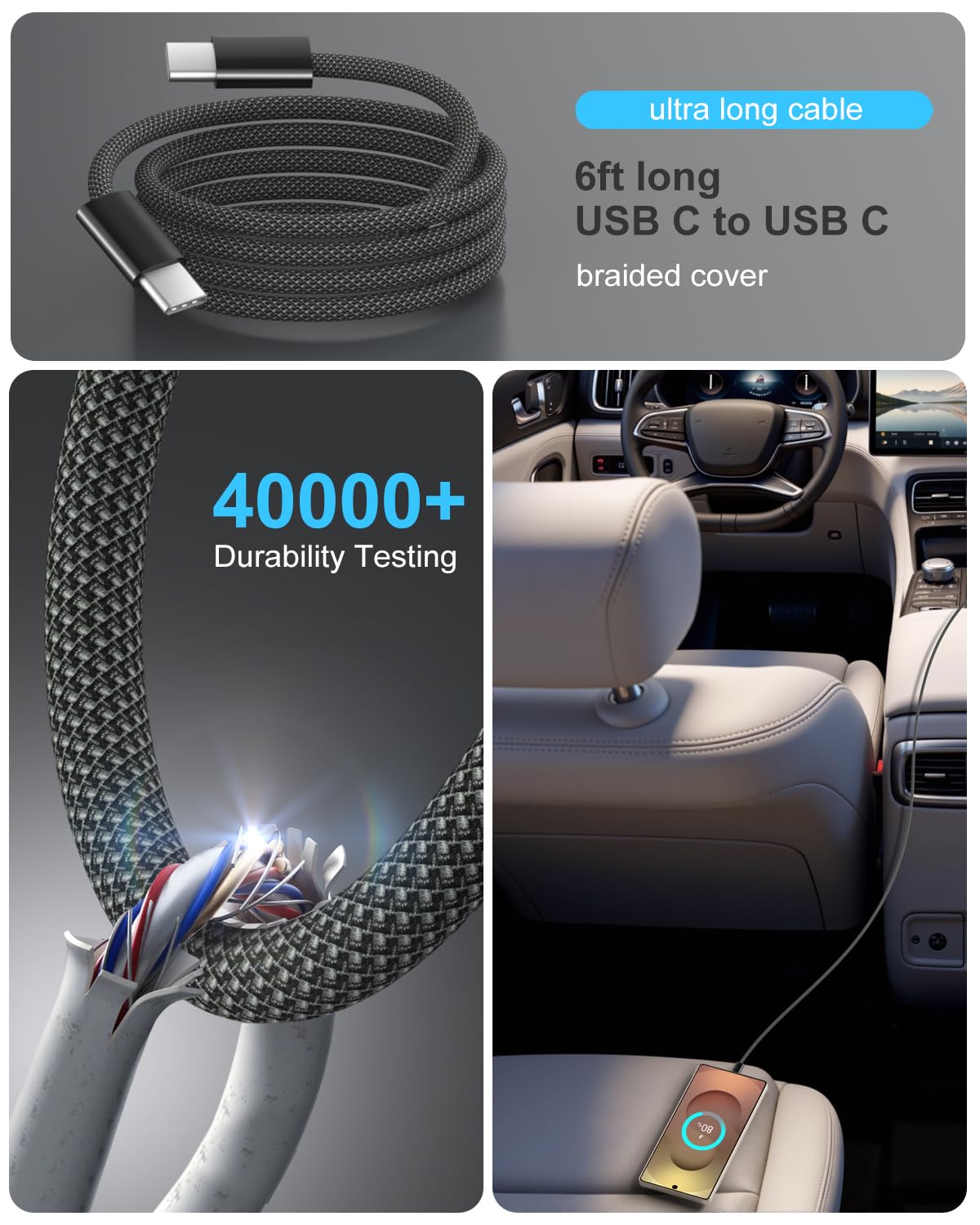 Cargador de coche de 90 W con cable USB C a C de 6 pies, 1 juego (cargador negro + cable negro)