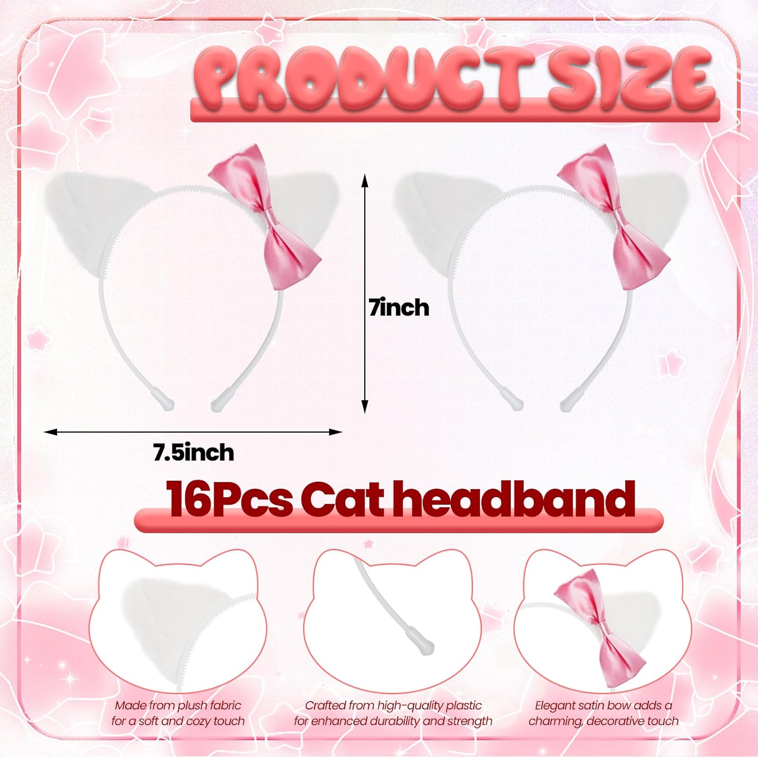 16 Pcs Kitty Cat Ears Headbands with Pink Bow Plastic Hello Cat Party Favors Kitten Party Bow Headwear Cats Coquette Hair Accessories for Women Kitten Birthday (Pink) - Image 2