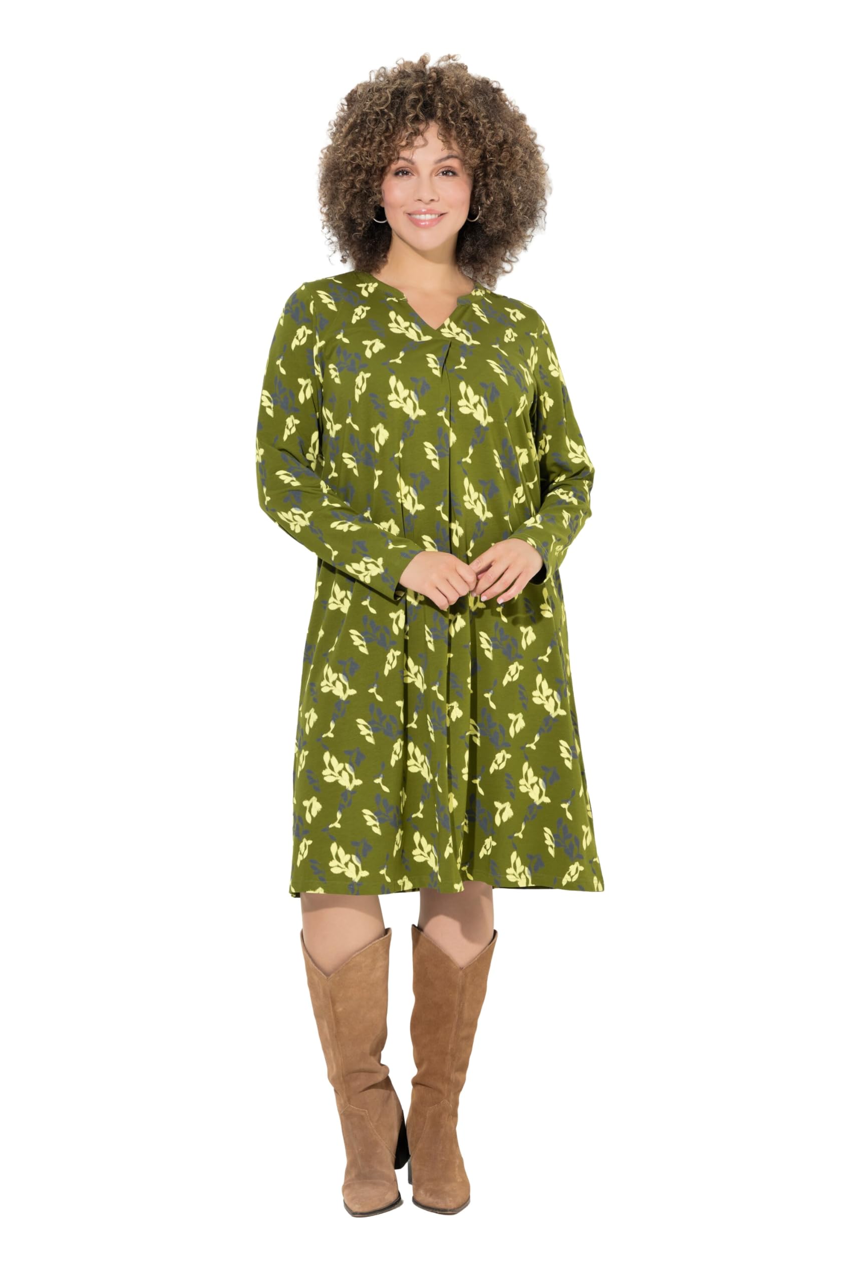 Ulla Popken Damen große Größen Übergrößen Plus Size Jerseykleid, Blüten, A-Linie, Tunika-Ausschnitt, Langarm 845190