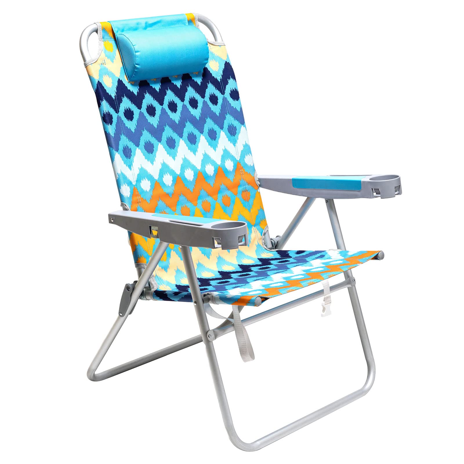 SunnyFeel Extra Wide 28" Folding Beach Chair 5 Position Lay Flat, Portable 17" Tall Camping Chair with Cup Holder for Outdoor/Lawn/Trip/Picnic, Lightweight Foldable Sand Chairs for Adults (Wave)