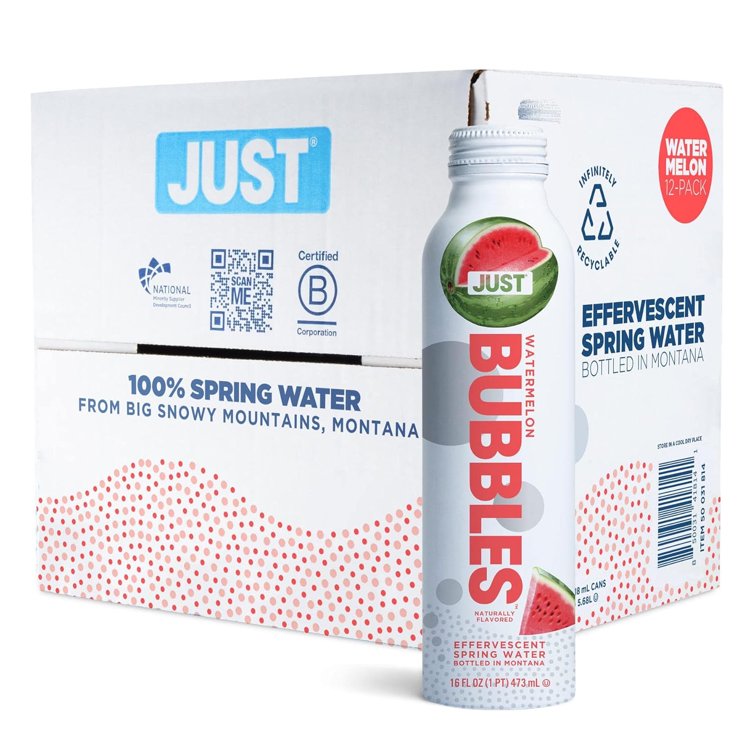 JUST Bubbles Watermelon - Pure Premium Sparkling Spring Water in a Fully Recyclable Reusable Eco-Friendly Bottle - 100% Mountain-Sourced Carbonated Water with Naturally Occurring Minerals, 16 Fl Oz