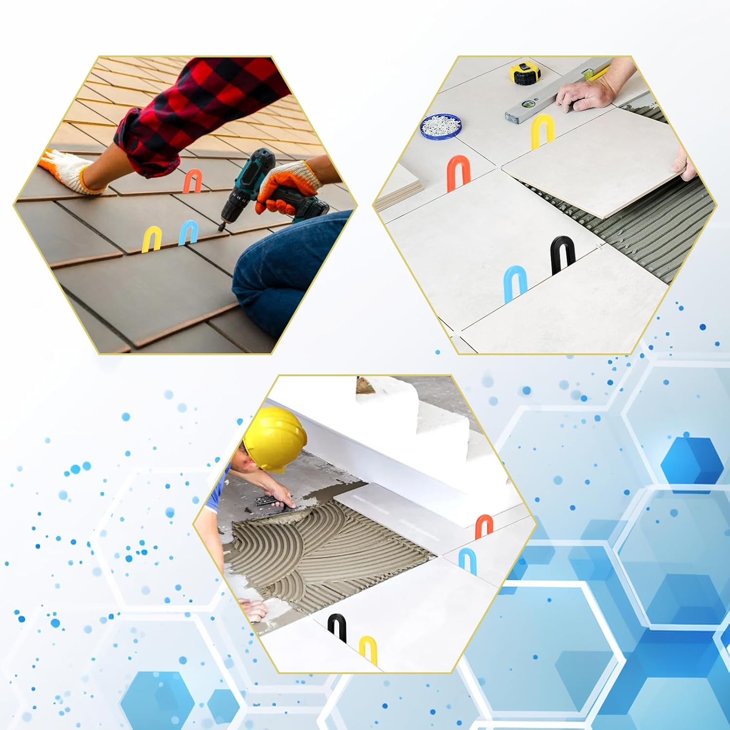 400PCS Plastic Shims, Horseshoe Shims, U Shaped Tile Spacers, Plastic Shims for Leveling, Blue 1/16”, Red 1/8”, Yellow 3/16”, Black 1/4”