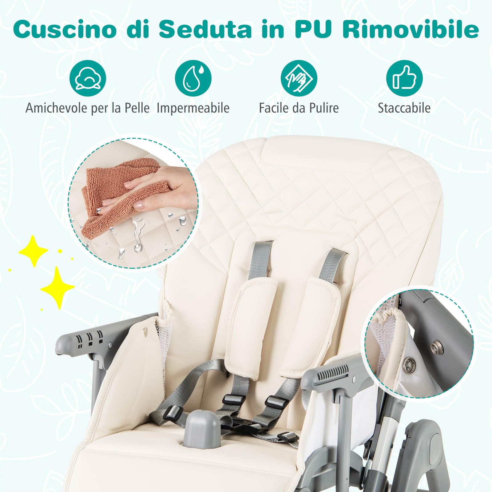 COSTWAY Seggiolone Pappa Pieghevole, Seggiolone Evolutivo per Neonati con Poggiapiedi, Vassoio Staccabile, Altezza Regolabile, Cuscino Sede in PU, Cintura di Sicurezza, per Bambini 6-36 Mesi (Beige)