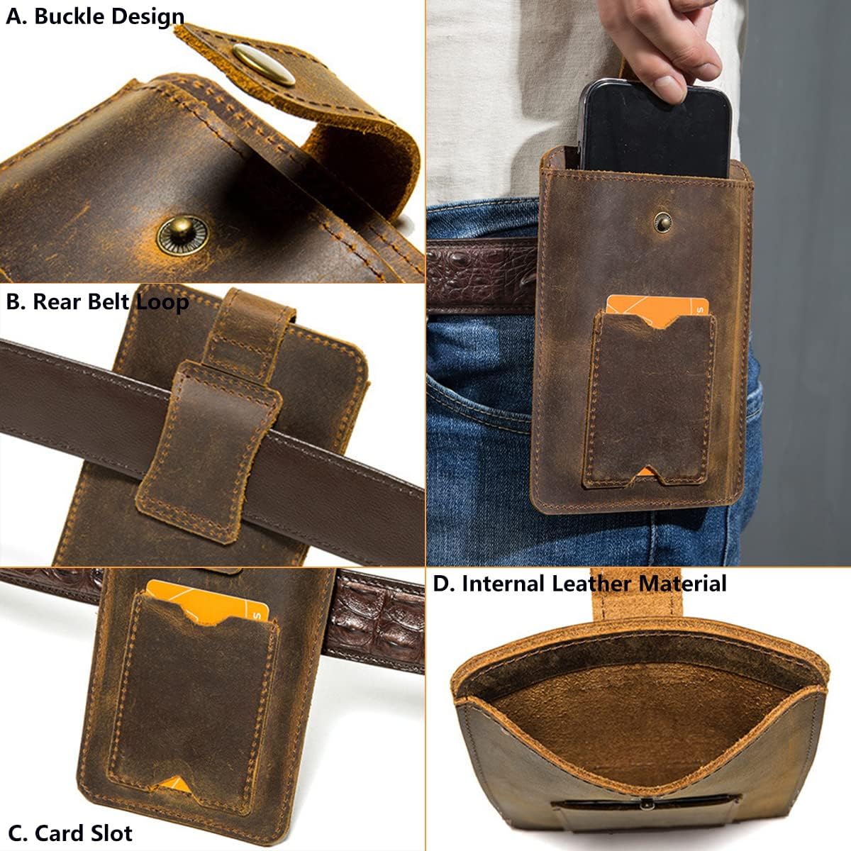 Mobile Phone Waist Bag Carrying Holster with Card Slot & Belt Loop, Men Genuine Leather Belt Case Outdoor Travel Pouch for iPhone 13 Pro Max/13/12 Pro Max/11/11 Pro max/XR/XS Max/Huawei P50/P40 Pro L