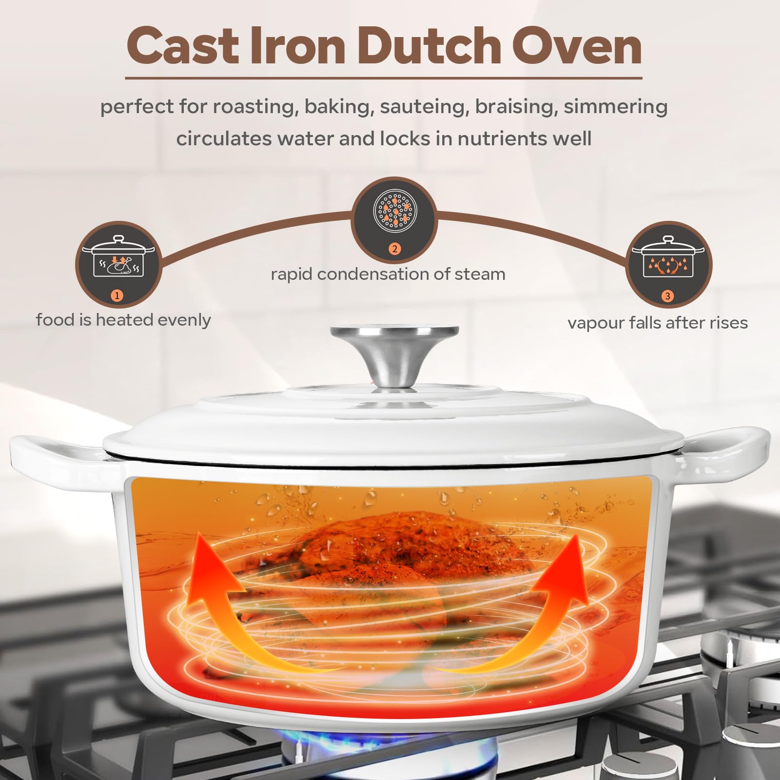 HaSteeL Horno holandés de hierro fundido de 6 cuartos de galón, olla antiadherente esmaltada con tapa, utensilios de cocina redondos antiadherentes para hornear pan de masa madre, asar, estofar,