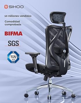 SIHOO M57 Silla Oficina Ergonómica De Malla, Soporte Lumbar, 150 Kg, Negro
