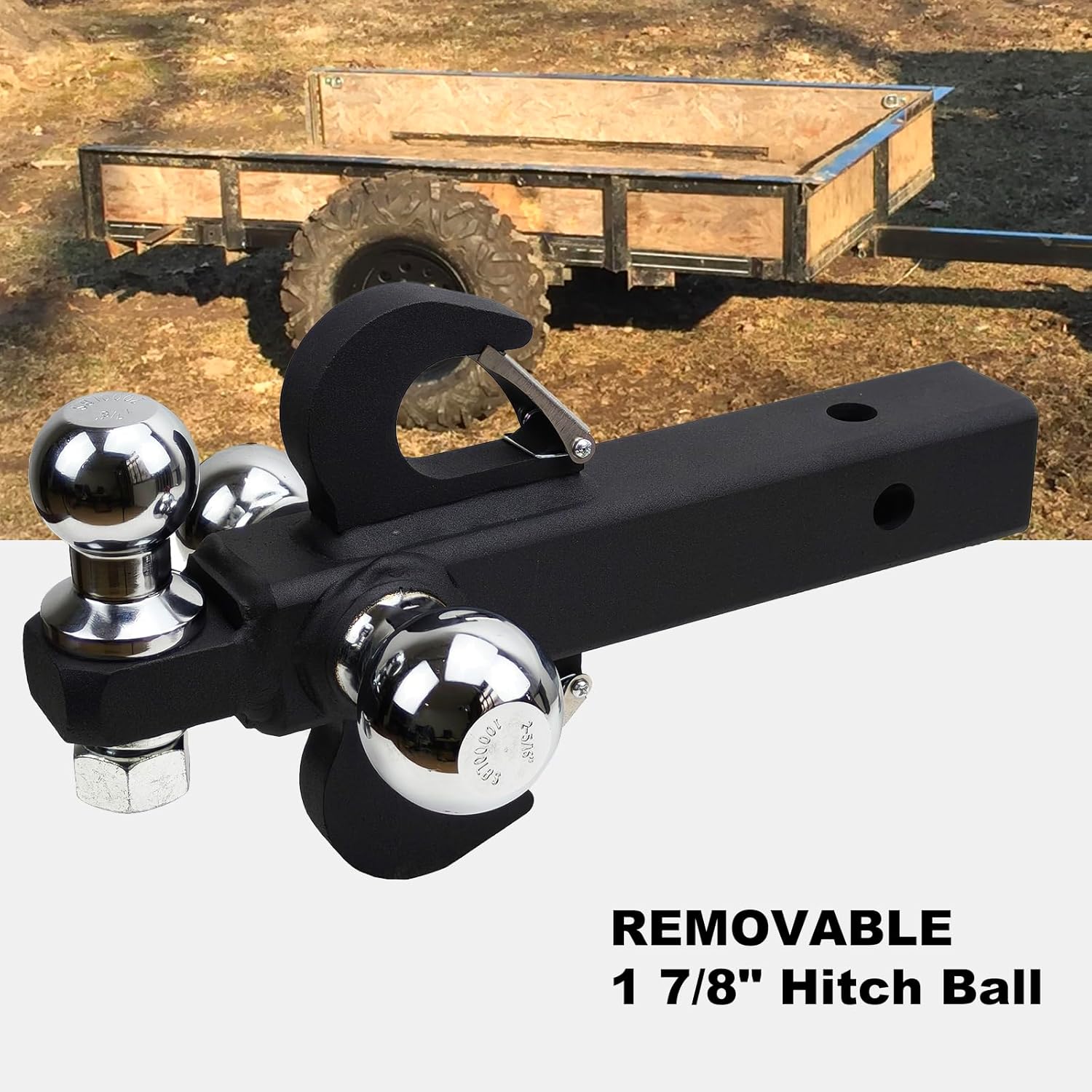 Tri-Ball Trailer Hitch Mount with Tow Shackle & Hooks, Fits 2-Inch Receiver, Includes 2" and 2-5/16" Ball and Removeable 1-7/8" Hitch Ball, Matte Black for Trucks, SUVs, RVs