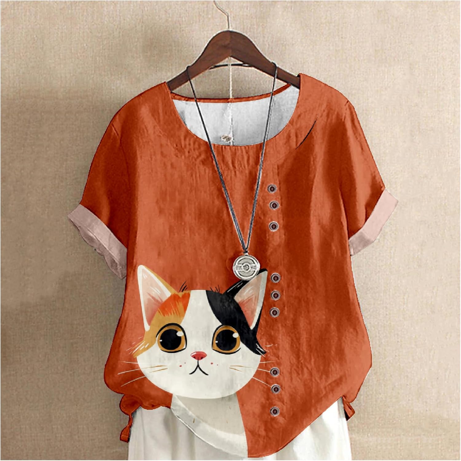 Cat Shirts for Women Loose Fit Short Sleeve Crewneck 2024 Summer Beach Boho Hide Belly Vintage Dressy Tops - Image 2