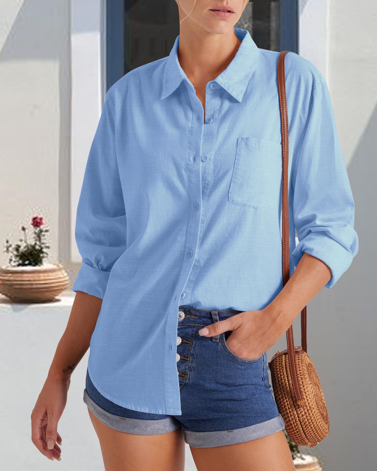 Friptspyg Blusa de Mujer con Cuello en V y Manga Larga 100% Algodón Casual con Bolsillo Suelta y Versátil para Verano