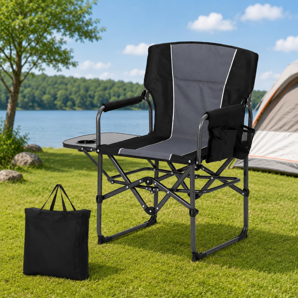 Oversized Directors Camping Chair for Adults, Heavy Duty Folding Camping Chair Supports 400 LBS, Portable Lawn Chair with Side Table & Side Pocket, Lightweight Outdoor Chair for Camping, Sports