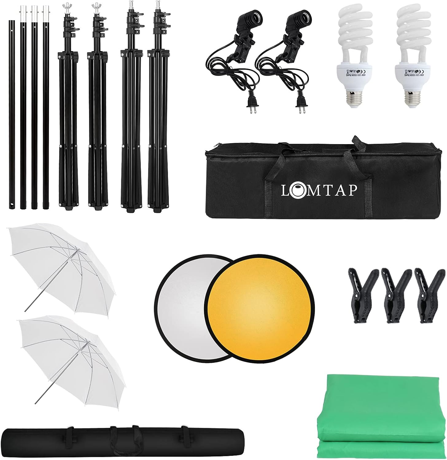 Suреr Chеар 🛒 LOMTAP Photography Lighting Umbrella Kit 6.5ftx9.8ft Background Support System Green Screen Continuous Backdrop for Photo Portrait Video Studio Shoot with Light Stand 2 in 1 Reflector 2 Bulbs 3 Clips