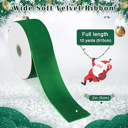 Miniatura 2 de Luxiv - Cinta de terciopelo verde navideño de 10 yardas de ancho, cinta de una sola cara de 2 pulgadas para envolver decoración de cinta de