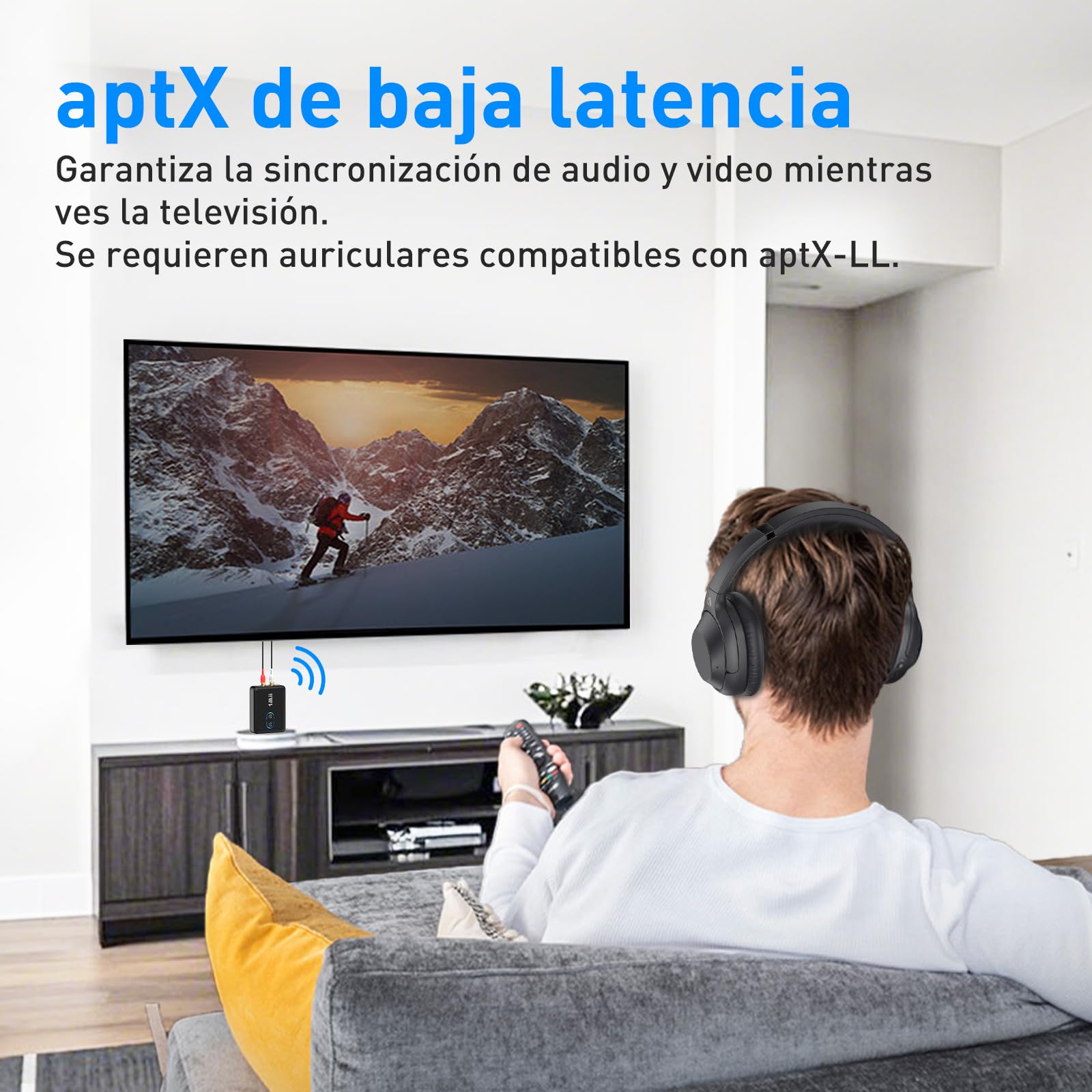 1Mii Transmisor Receptor Bluetooth 5.3 para TV, Adaptador de Audio HiFi con RCA y Conector AUX de 3.5mm, aptX de Baja Latencia/HD/AD, Control de Volumen, Doble Enlace para 2 Auriculares, PC, Estéreo