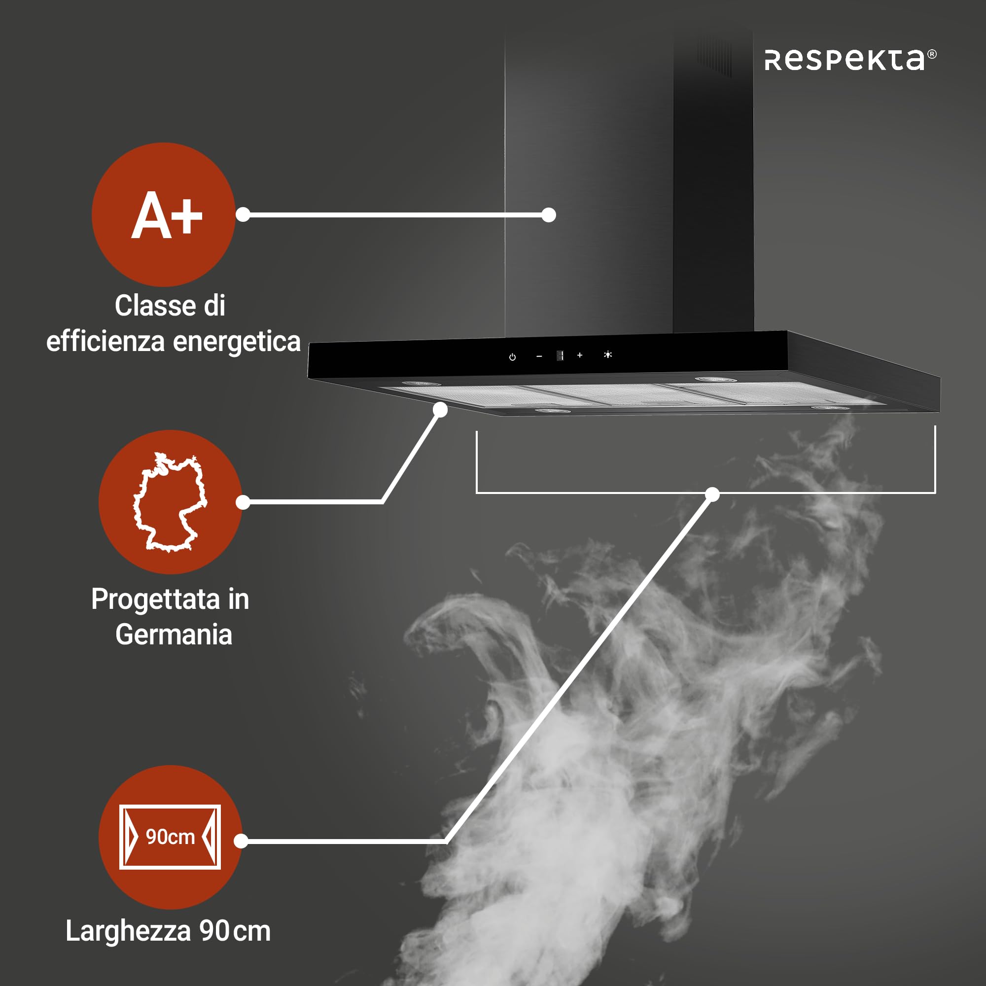 Cappa aspirante a isola, 90 cm, nero opaco, Touch Control Respekta