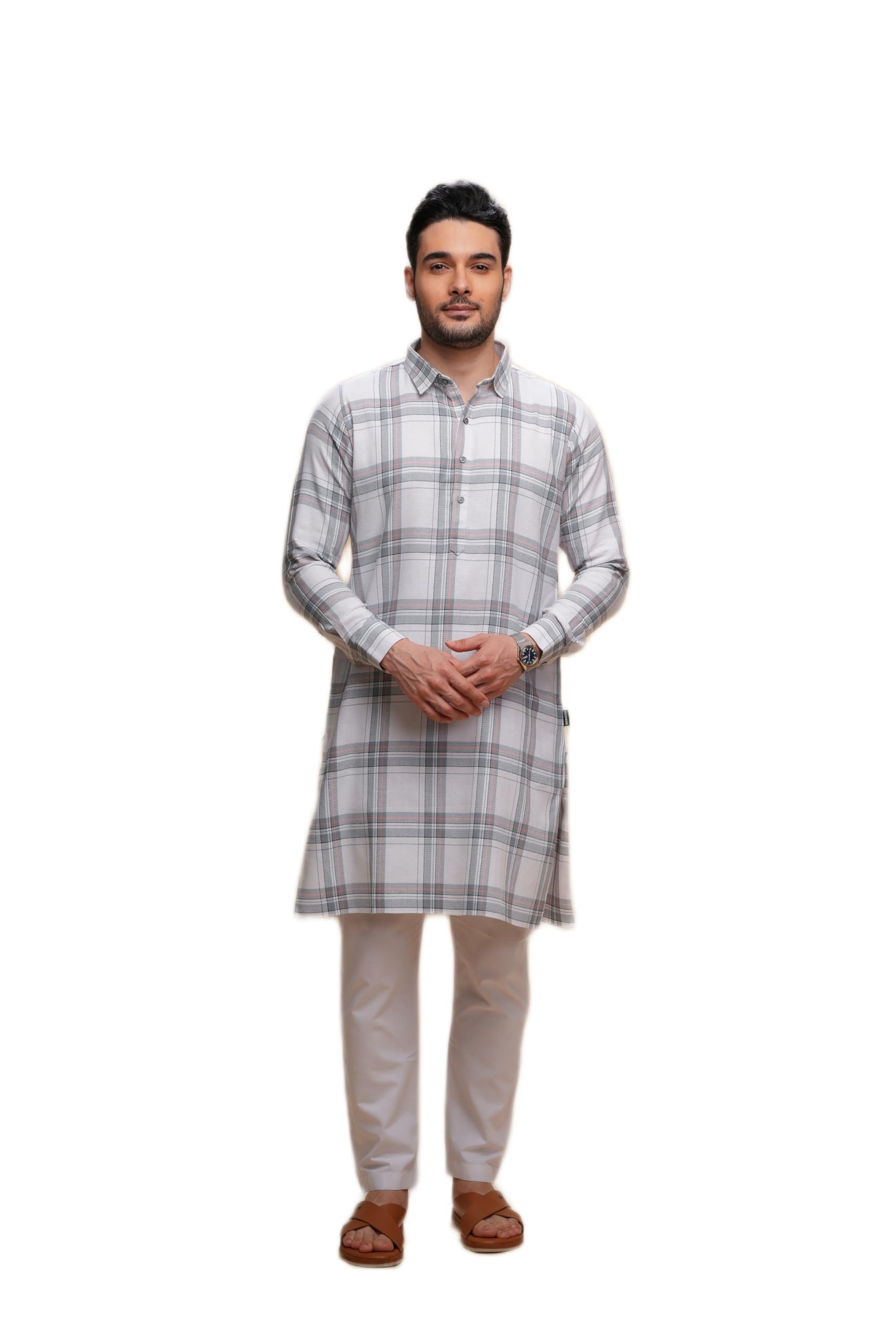 mashroo Men Kurta Pajama Set White S Cotton Checks with Pajama for Weddings and Festivals-picture-15