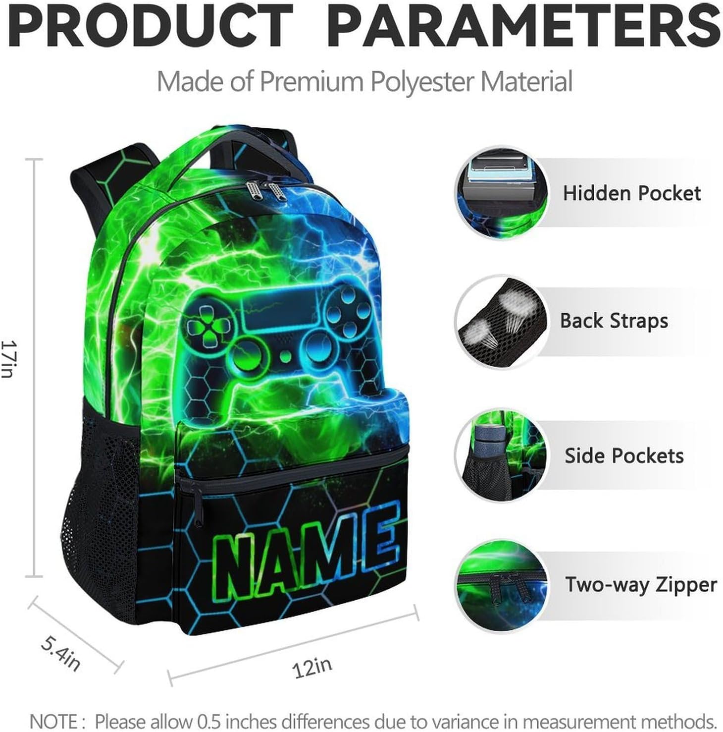 Custom Gamer Backpack for Kids - 17 Inch Gamer Backpacks for Teen Boys, Cool Durable Toddler Schoolbag Gifts for Elementary Travel