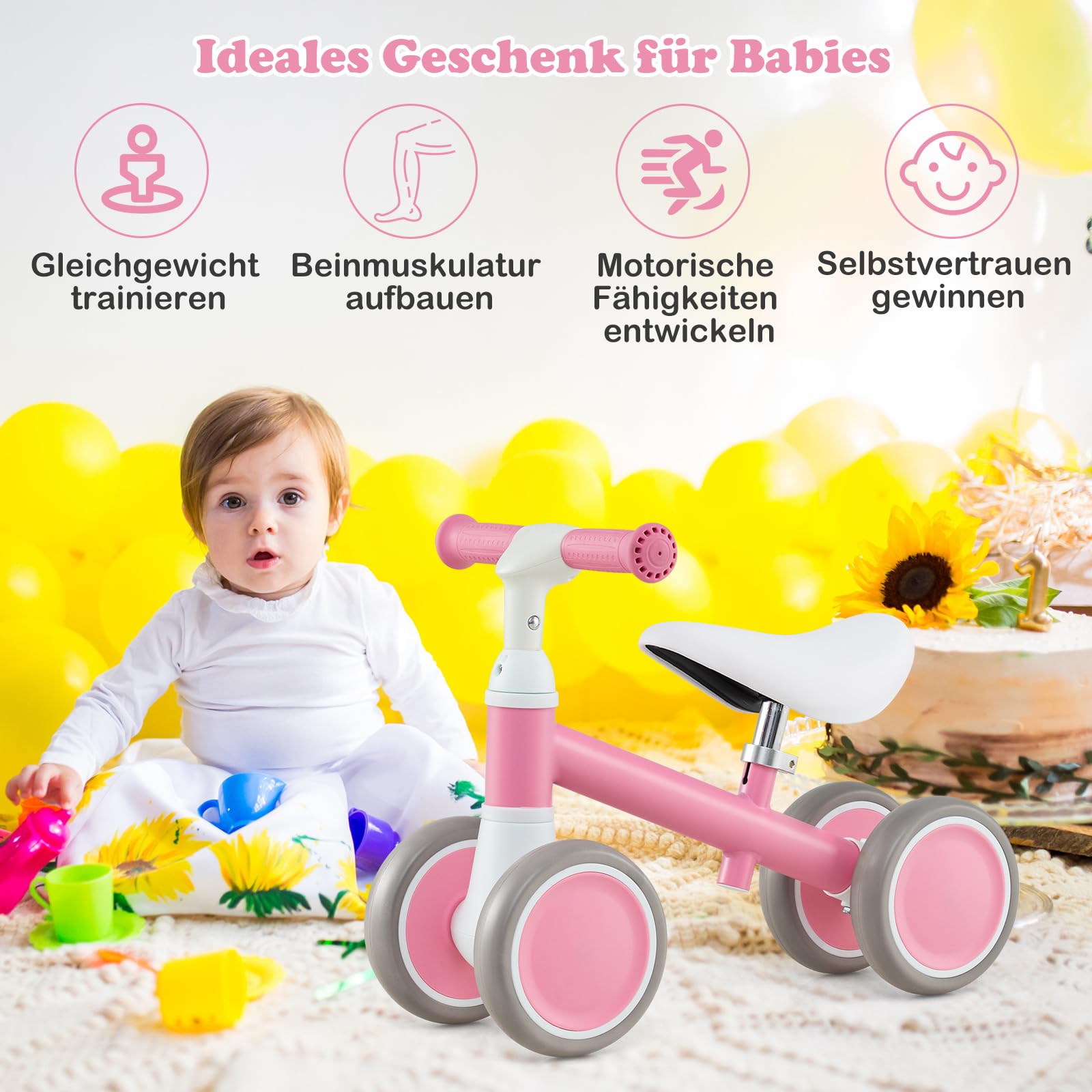 COSTWAY Laufrad ab 1 Jahr, Lauflernrad mit 4 Räder, Baby Spielzeug mit höhenverstellbarem Griff und Sitz, Balance Rutschrad, Geschenk für Jungen und Mädchen zum 1 Geburtstag
