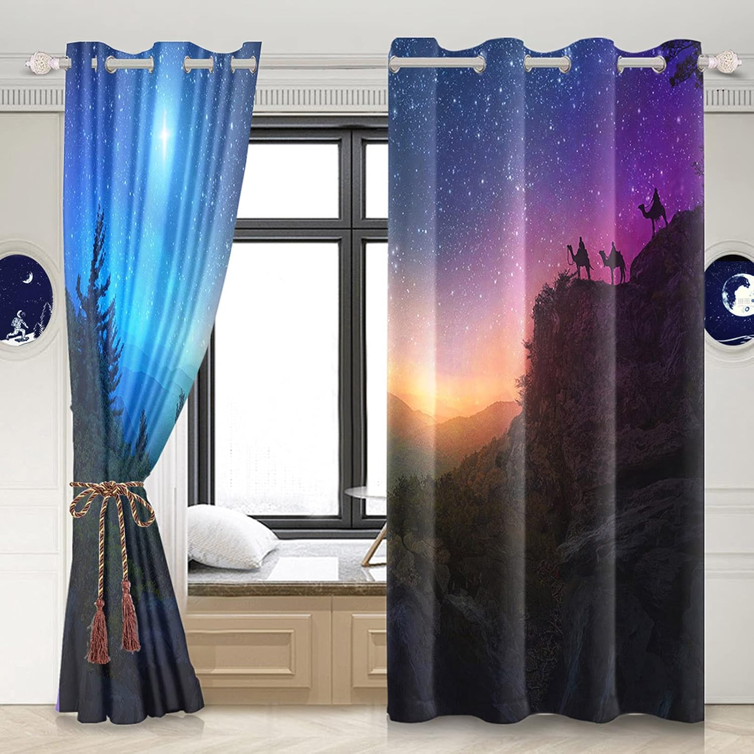 Yeele 42x85inches Magnificent Mountain Thermal Insulated Printed Curtain Night Starry Sky Scenery Blackout Window Curtains for Living Room Bedroom Decor Waterproof Polyester Grommet Drapes 2 Panels