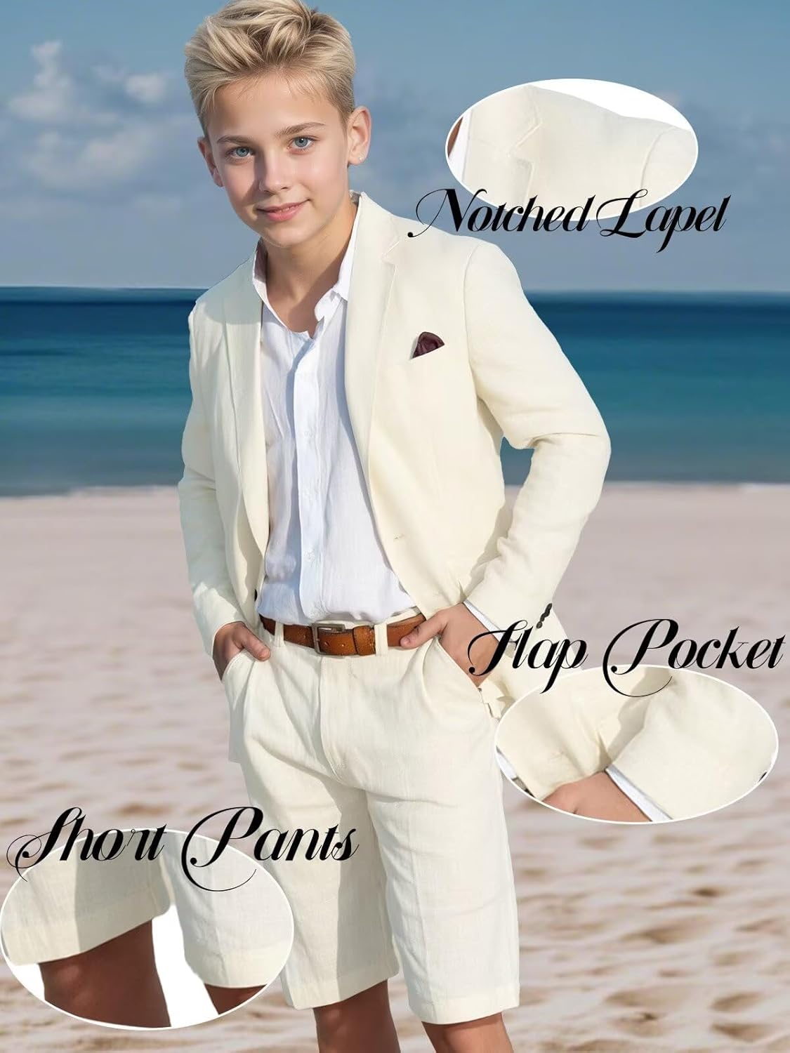 Summer Beach Casual Boys Linen Suit Solid Casual Slim Fit 2 Piece Boys Tuxedo Suit Outfits Vacation Suits for Boy