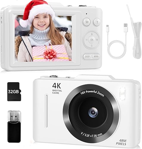 Cámara digital para niños, FHD 4K 48MP cámaras digitales compactas de apuntar y disparar con pantalla IPS de 2.8 pulgadas, zoom 16X, tarjeta de 32