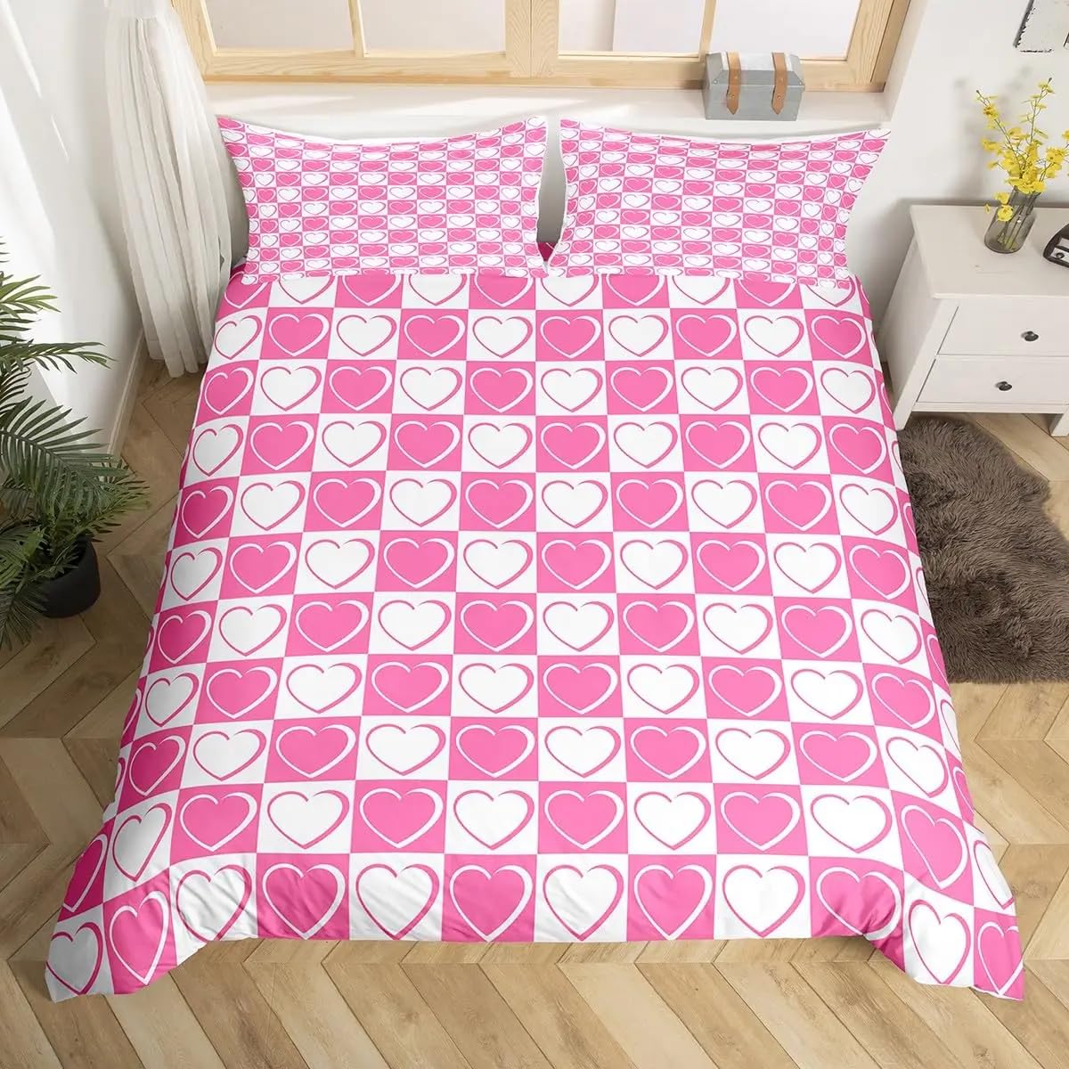 Housse de couette 140x200 motif cœur rose | Parure de lit géométrique chambre fille