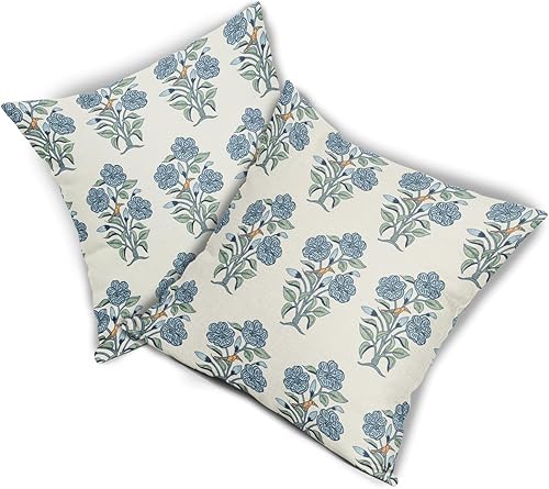 Miniatura 8 de Juego de 2 fundas de almohada con estampado de bloques florales azules de 18 x 18 pulgadas, color azul claro, verde, chinoiserie, pájaros, monzón,