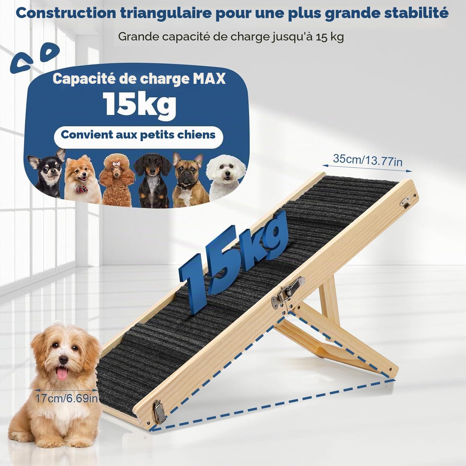 Rampe Pliable en Bois pour Chien réglable Hauteur 25-52 cm Longueur 83 cm Largeur 35 cm Antidérapante jusqu'à 15 kg
