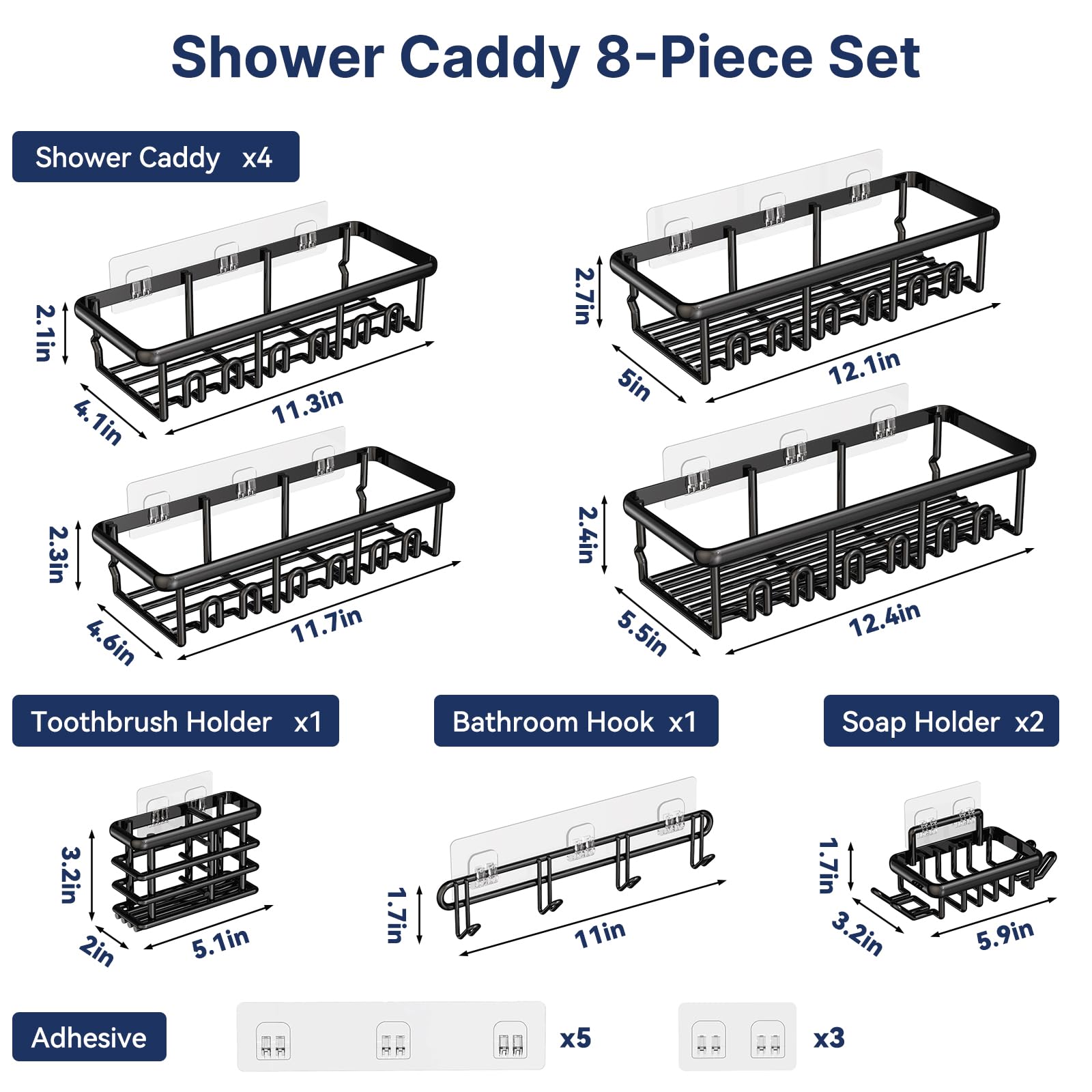 Zeawec 8 Pack Shower Caddy, Adhesive Rustproof Bathroom Organizers and Storage Shelves with Soap Holder & Hooks, Large Capacity No-Drilling Shower Rack for Bathroom, Kitchen Accessories, Black - 2