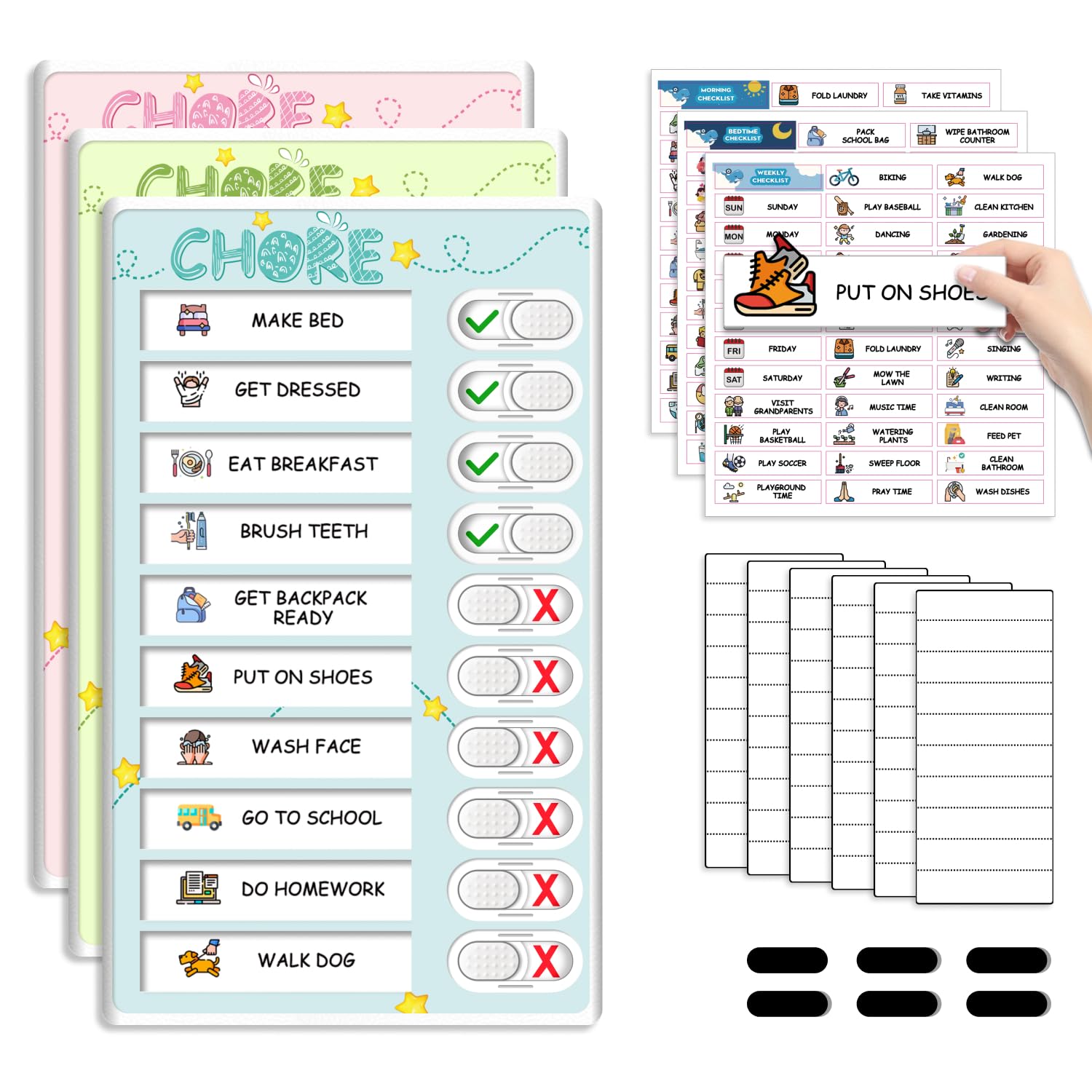 Dry Erase Kids Chore Chart for 3 Kids Pink & Blue & Green - Magnetic Routine Chart with Slider Cute Chore Stickers, Morning Bedtime Daily Routine